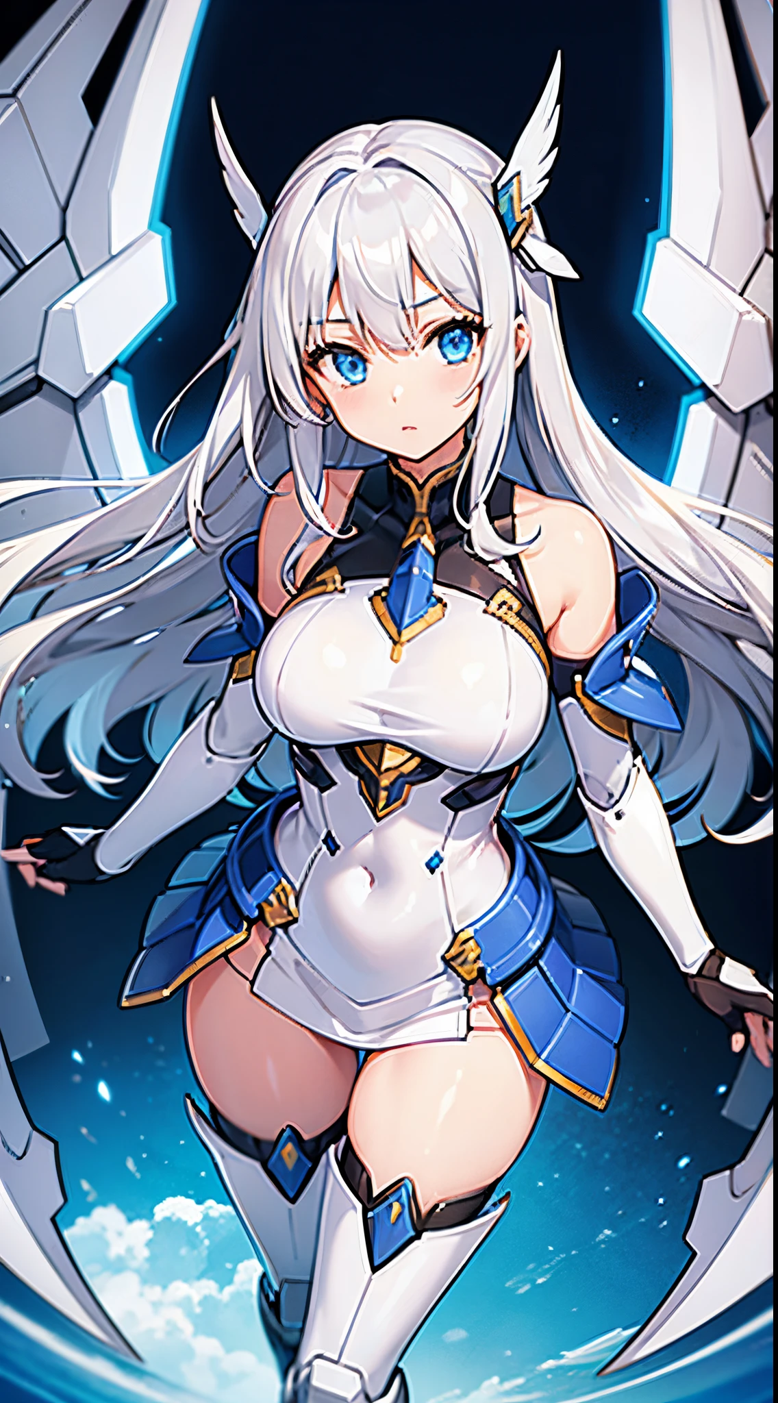 1girl, solo, long hair, breasts, looking at viewer, blue eyes, large breasts, thighhighs, white hair, wings, armor, mecha musume
