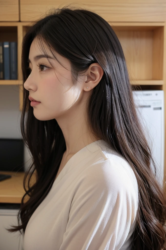 High quality, one beautiful Japanese, close-up in profile, long hair with loose perm, talking to someone, bashful, ears showing, casual office attire