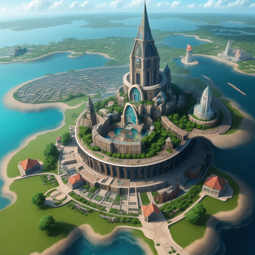 Create a utopia city  with some buildiing built above water , some features similar to Wakanda movie buildings