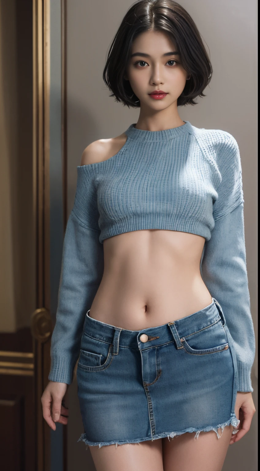 best qualtiy, tmasterpiece, 超A high resolution, (realisticlying:1.5), RAW photogr, 1girll, in the darkness nigth, Deep shading, low tune, cold light, Sexy look, short detailed hair,((best qualtiy,8K,tmasterpiece:1.3))),Clear focus:1.2,(layers-Cut,The large:1.2),Beautiful Women in Perfect Figure:1.4,Highly detailed face and skin textures,Detailed eyes,二重まぶた,((wide open abdomen))、((open abdomen))、((wide open navel))、((open navel))、((Bare belly))、((Mid-Riff Sweater))、((Mid-Riff Sweater))、((Ultra-low rise、Denim Mini Skirt))、 ((Navel Ejection))、((small hips))、((long limbs))、((Full body depiction))、((small hip))、(long boots)、((Ultra-low rise))、((Denim Mini Skirt))、((is standing))、 ((wide open abdomen))、((open abdomen))、((wide open navel))、((open navel))、((Bare belly))、((Mid-Riff Sweater))、((Ultra-low rise、Denim Mini Skirt))、 ((Navel Ejection))、((small hips))、((Full body depiction))、((small hip))、(long boots)、((Ultra-low rise))、((Denim Mini Skirt))、((is standing))、