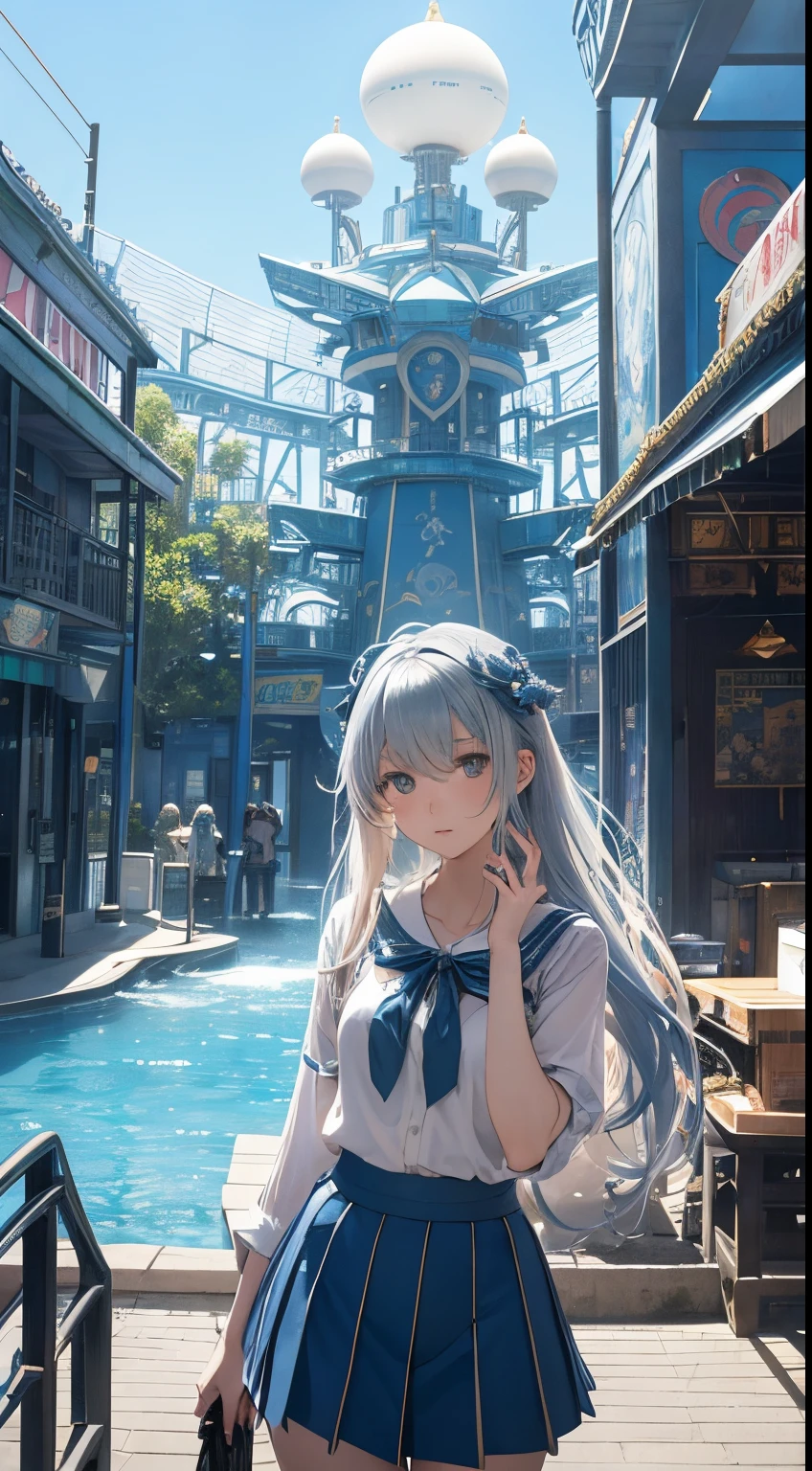 Aquirax Uno, Walter Crane, Surreal, mysterious, bizarre, fantastical, fantasy, Sci-fi, Japanese anime, an amusement park with a giant pop-up picture book, the background is pale blue space, a paper moon floats, a beautiful high school girl in a miniskirt enters the amusement park, perfect voluminous body, detailed masterpiece perspective cinematic lighting