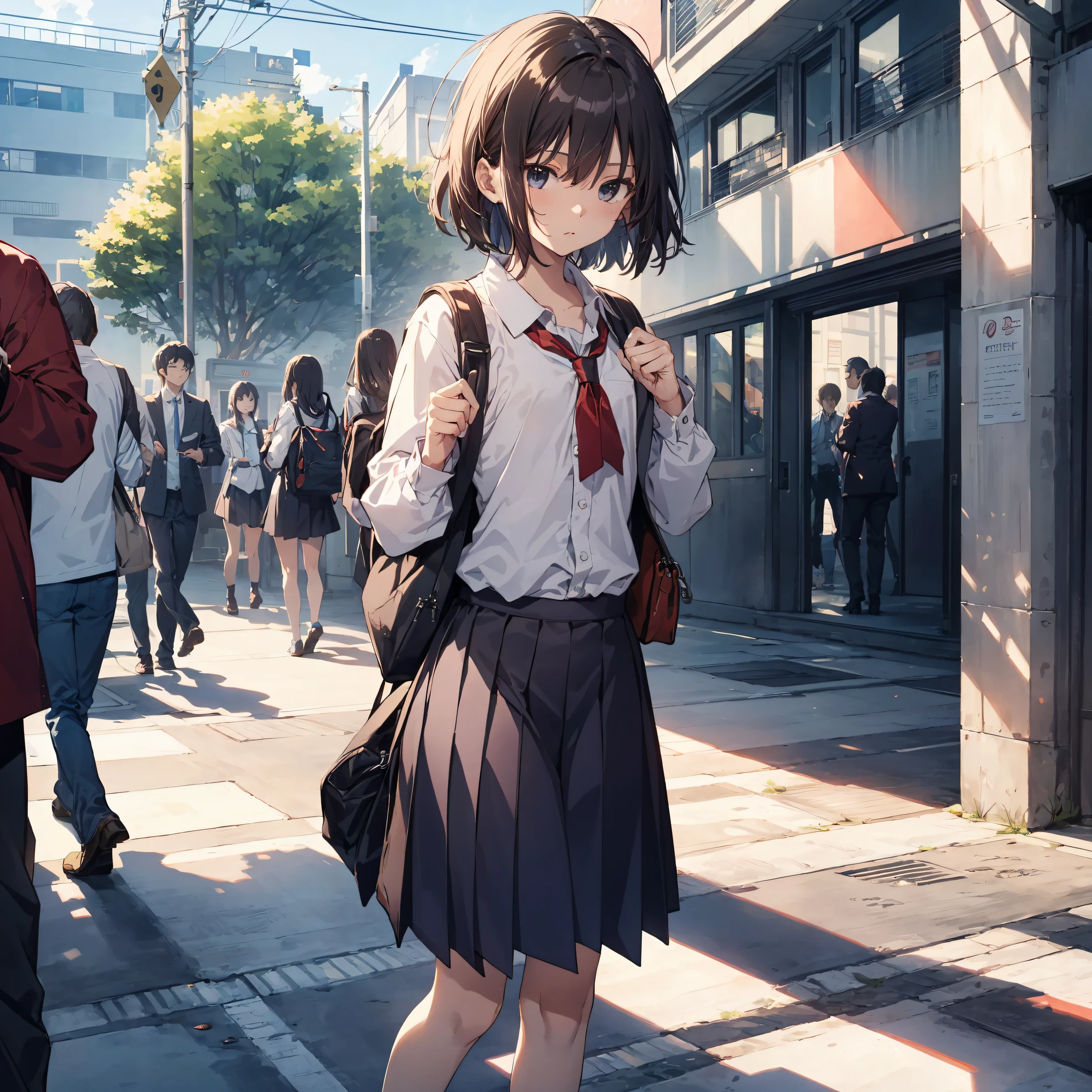 of the highest quality, Ultra-detailed, anime moe art style,Best Anime 8K Konachan Wallpapers,Pixiv Contest Winner,Perfect Anatomy, (Draw a girl sleepily walking to school. ),BREAK, 1girl in, (Solo,Lori,,13yea:1.3),a junior gynous attraction, (Very short hair),hair messy, Full limbs, complete fingers,flat chest, Small butt, groin, Small eyes,Precise black eyes,disgusted eye, School uniform, Skirt,On the way to school. BREAK,High resolution,super detailed skin, Professional Lighting, (cool illustration:1.2),