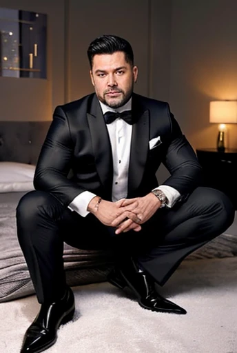 A 40-year-old man in a suit sitting on the bed with a key in his hand., mid-shot, Muscular magician man, sexy muscular body, Strong and dignified々and has, very muscular male body, sexy masculine, attractive beefy man, strong masculine features, sexy muscular upper body, abdominals、posterior view、wearing a silver necklace、clutching the key