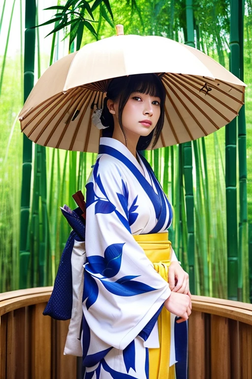 jpn、femele、kimono、bamboo、daytime、Japanese umbrella、art by、painting design、Fantastic