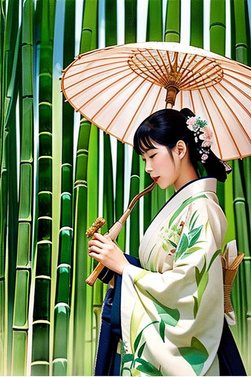 jpn、femele、kimono、bamboo、daytime、Japanese umbrella、art by、painting design、Fantastic