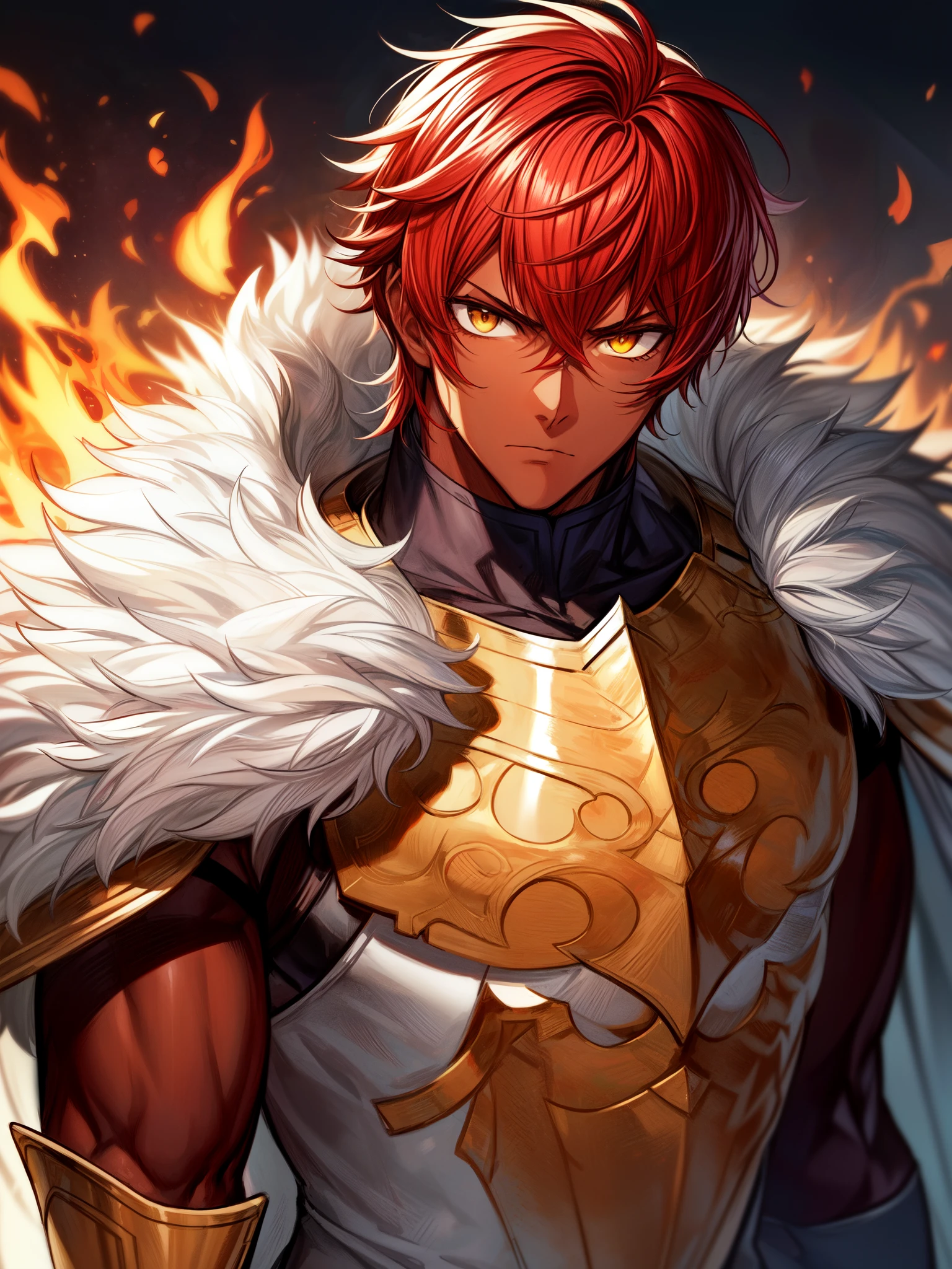 full body portrait, ((dark skin)), ((muscular male)), ((fur trim)), ((noble armor)), ((adult male)), ((golden eyes)), ((fire emblem character)), ((serious expression)), ((bright red hair)), ((short wild hair)), ((mature male)), ((complementary colors)),1boy, beautifully drawn, high resolution illustration, best quality, High definition, ((detailed anime sketch)), Masterpiece, (solo), absurdres, detailed background, fine detail, male focus, HDR,