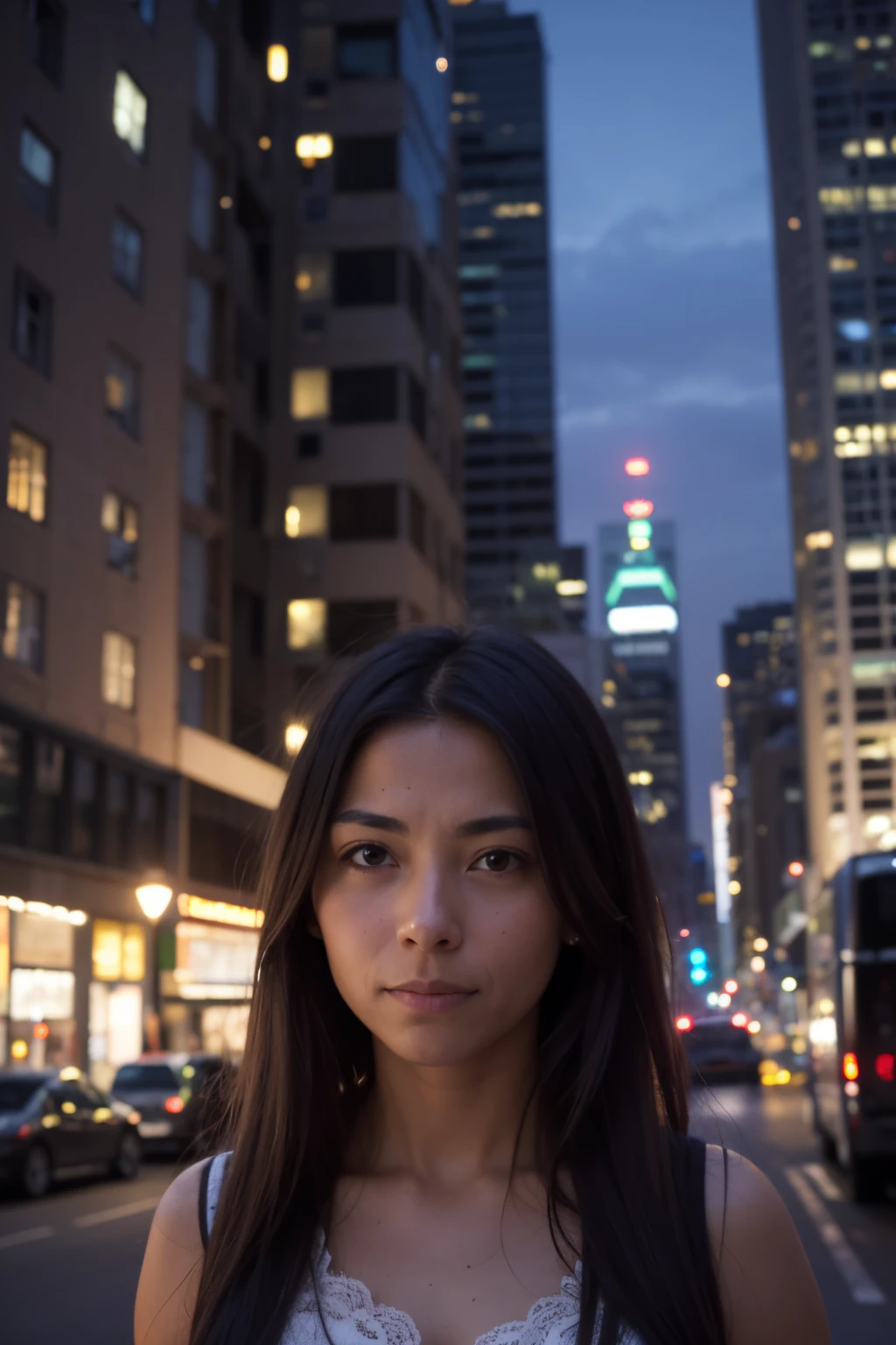 A poorly lit night photo of a woman outside in the city at night