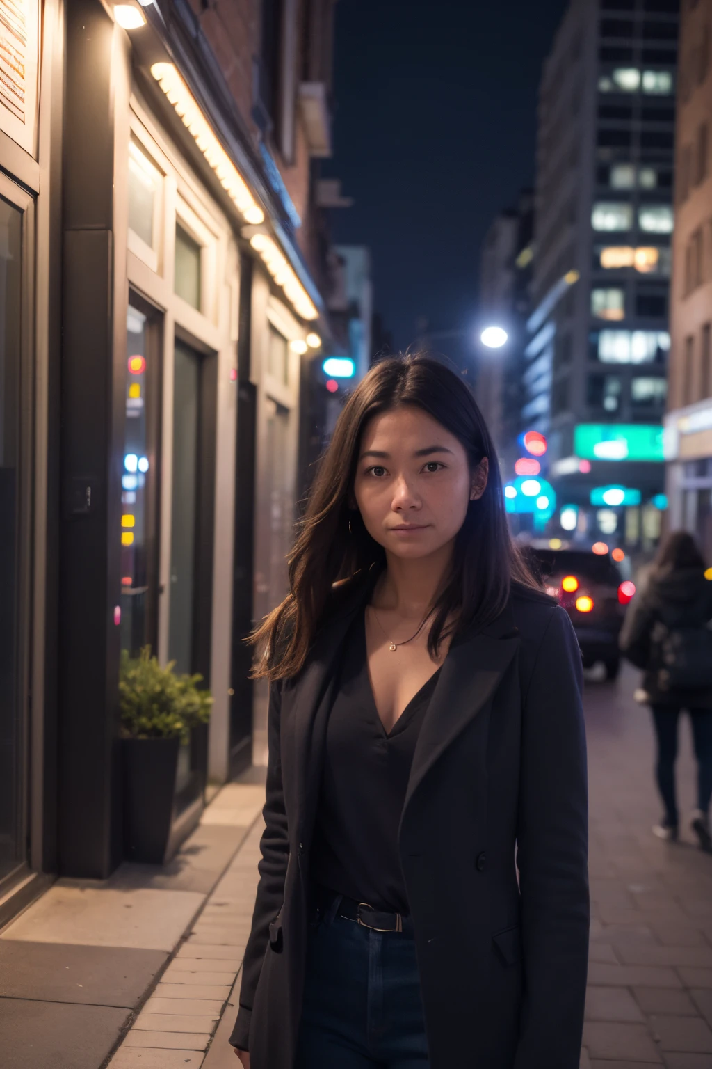 A poorly lit night photo of a woman outside in the city at night