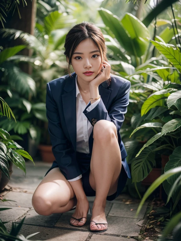 (8K High Resolution), (top-quality), (Raw quality),(masutepiece:1.2), (realisitic), (Photorealistic:1.37), ,Large eyes,long eyeslashes,(Live-action realistic style),The Ultimate Face,realistic light and shadow,Clear facial features,,Fair skin, ),Best portraits,Shooting at close range, 1 rapariga, Cute,Beautiful detailed eyes,highlydetailed skin,(Beautiful face with double eyelids), (Realism: 1.4),((Full body image)) ,Detailed and beautiful face,,Women around 20 years old,(Beautiful Face 1.4),Middle hair,((Japan woman in business suit)),(Make eye contact with your audience),red lipsticks,Limping around the eyes,(Laugh a little),In the tropical jungle,The skirt is rolled up.、Panties look perfect..,Pastel colors panties,I love showing my panties to my viewers,Show your panties to your audience,Beautiful face reflected in the light,red lipsticks,Limping around the eyes,Very beautiful feet are attractive,