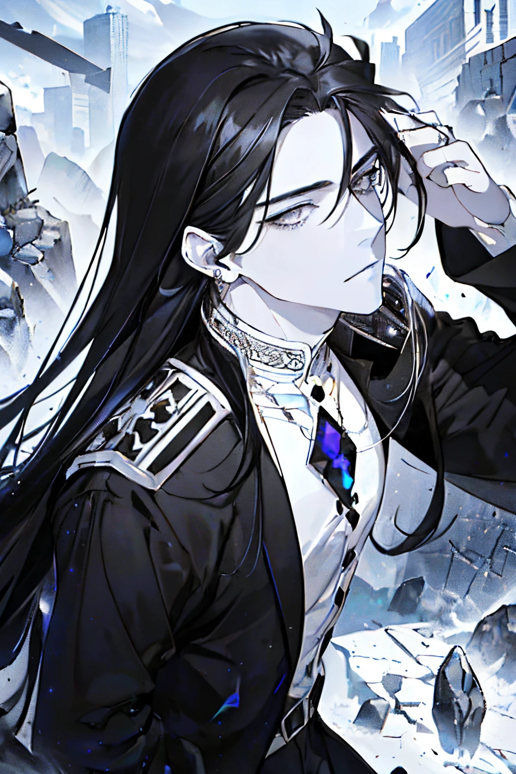 ((A ruined city full of rubble)),(After the war),((Vast landscape full of rubble)),(Gorgeous and sacred costume like a god),((long hair touching the ground)),((White and black hair)),(Lifeless eyes),((Look at me with a soft smile)),((I&#39;m inviting you with open arms)),(Mouth slightly open),((black and white eyes)),((Monochrome world)),((Black,Gray,light)),((Jewelry featuring many jet black and pure white gemstones)),((hug)),((Front view)),(Sharp eye light),(((Adult male))),(close up of face),