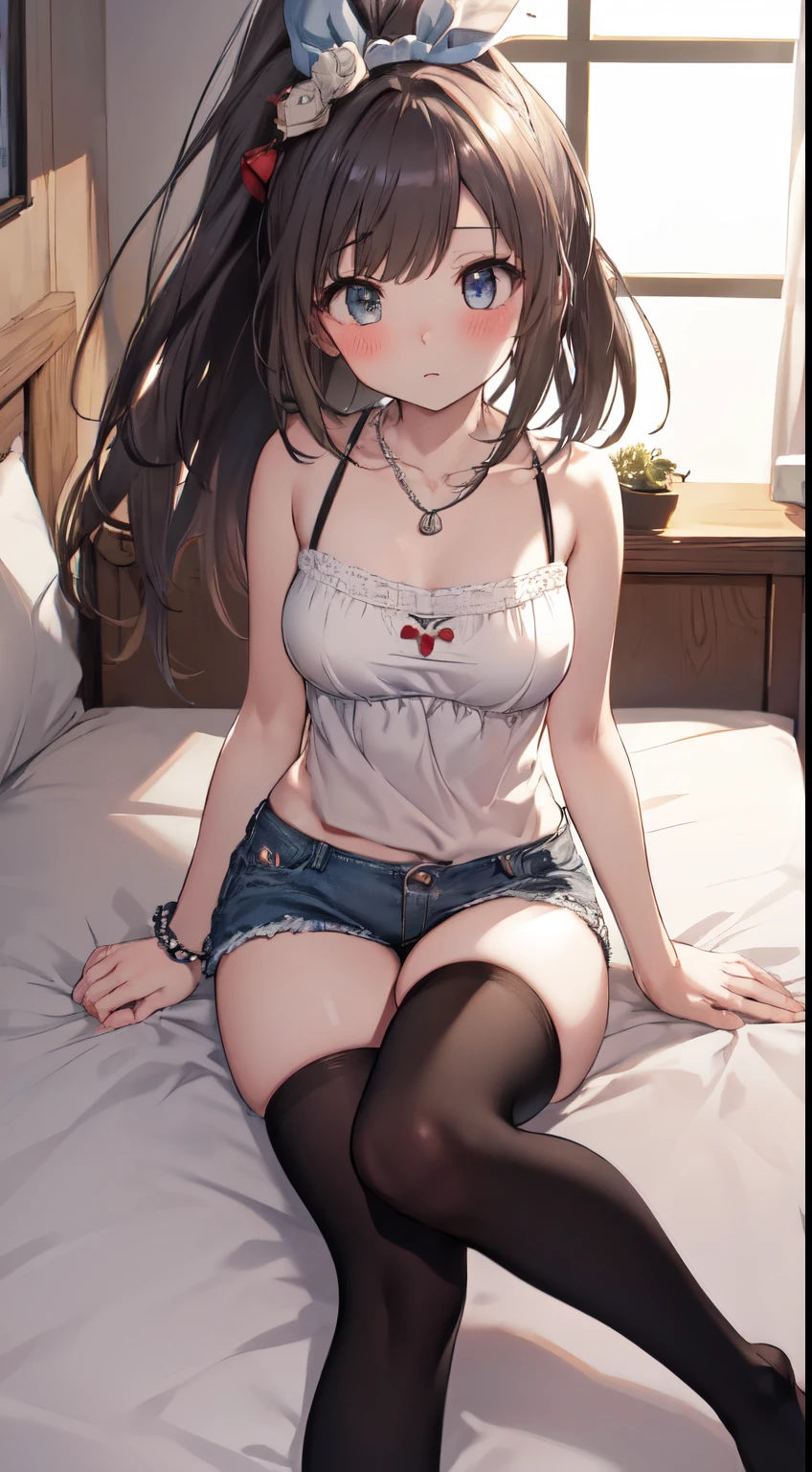 nsfw、clear eyes、8k、Top image quality、Masterpiece、perfect anatomia、12year old、camisole,（denim hot pants:1.3）、Focus on the thighs、、、gals、12year old、(Black Thigh Socks:1.3)、(high ponytail:1.3)、,((necklace, colorful bracelet, X hair ornament):1.2),、、(red blush:1.3)、