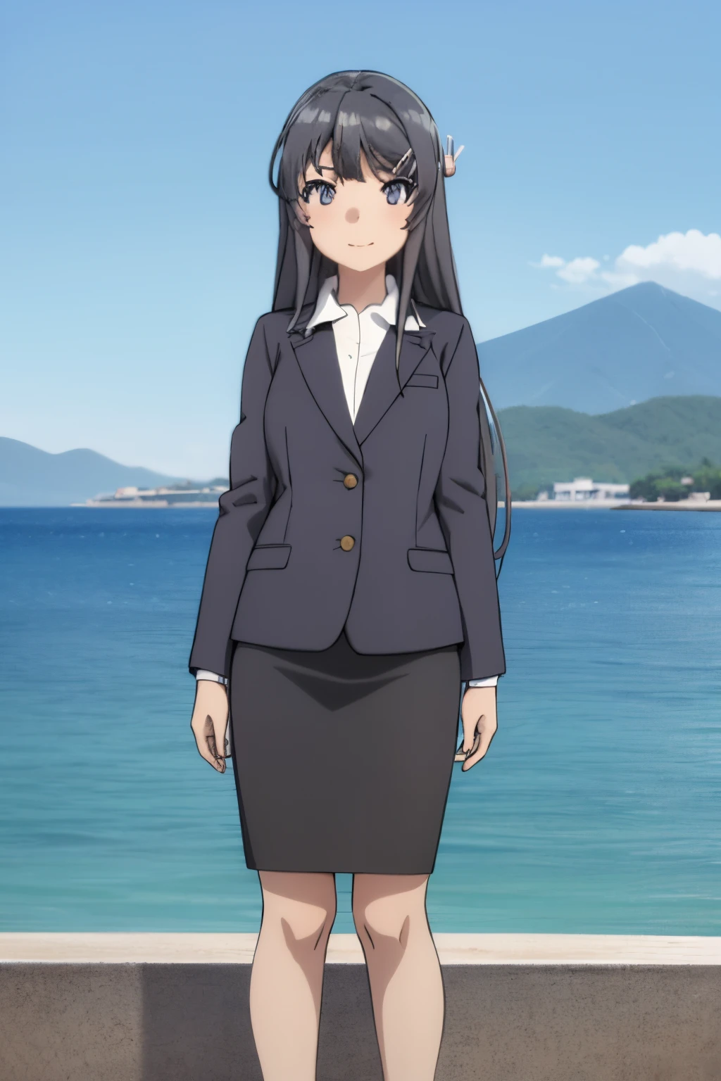 1girl, mai sakurajima, beach background, suit, office lady, black skirt, black blazer, pencil skirt, white shirt, long hair, teenager, looking at viewer, full body, smiling,