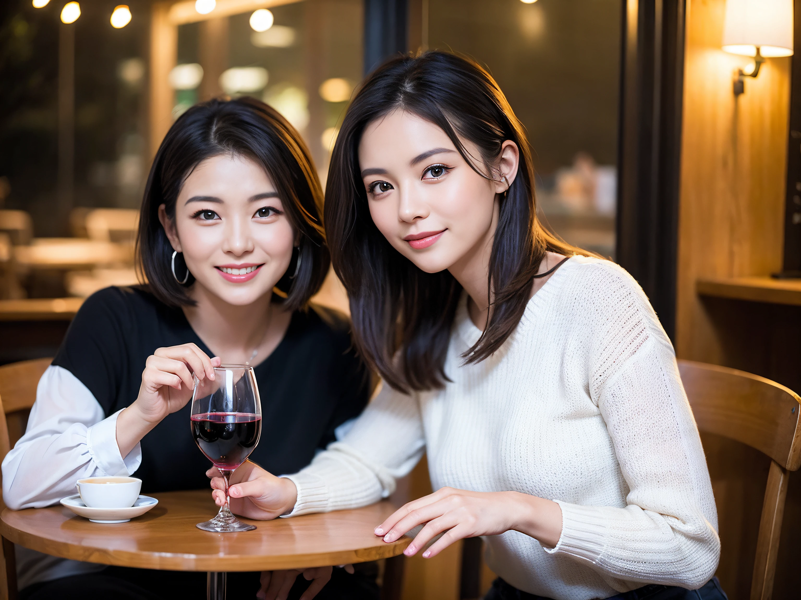 (64k uhd、nffsw、top-quality、masterpiece:1.2)、(realisitic、Photorealsitic:1.37)、ultra-detailliert、wine glasses、enjoying a glass of wine、a matural female、Two cute women、(Slim Faces)、(Slim body)、(brawn hair)、(short-cut)、smiling french woman、happy italian girl、British woman、Americana、blush a little on the cheeks、(46 years old)、48yo、red wine、Beautiful detailed urban night view outside the window、resturant、Wine glasses in a prominent place、natta、(from waist up)、sitting on、date、(A smile:1.15)、Beautiful fine eyes、bustup、Cashmere sweater、long-sleeved dresses、japanes、(short-hair:1.2)、Float NovaFrogStyle、女優、modeled、from waist up、white wine、Slimed、wine glasses、Super beautiful night view、Put the wine glass in the middle、Happy smile、(8K、Raw photography、top-quality、masterpiece:1.2)、(realisitic、Photorealsitic:1.37)、ultra-detailliert、超A high resolution、2 females、see the beholder、beautifull detailed face、A smile、Constriction、(Slim waist) :1.3)、knit shirt、Beautiful detailed skin、Skin Texture、floated hair、profetional lighting、middlebreasts、eyes gentle