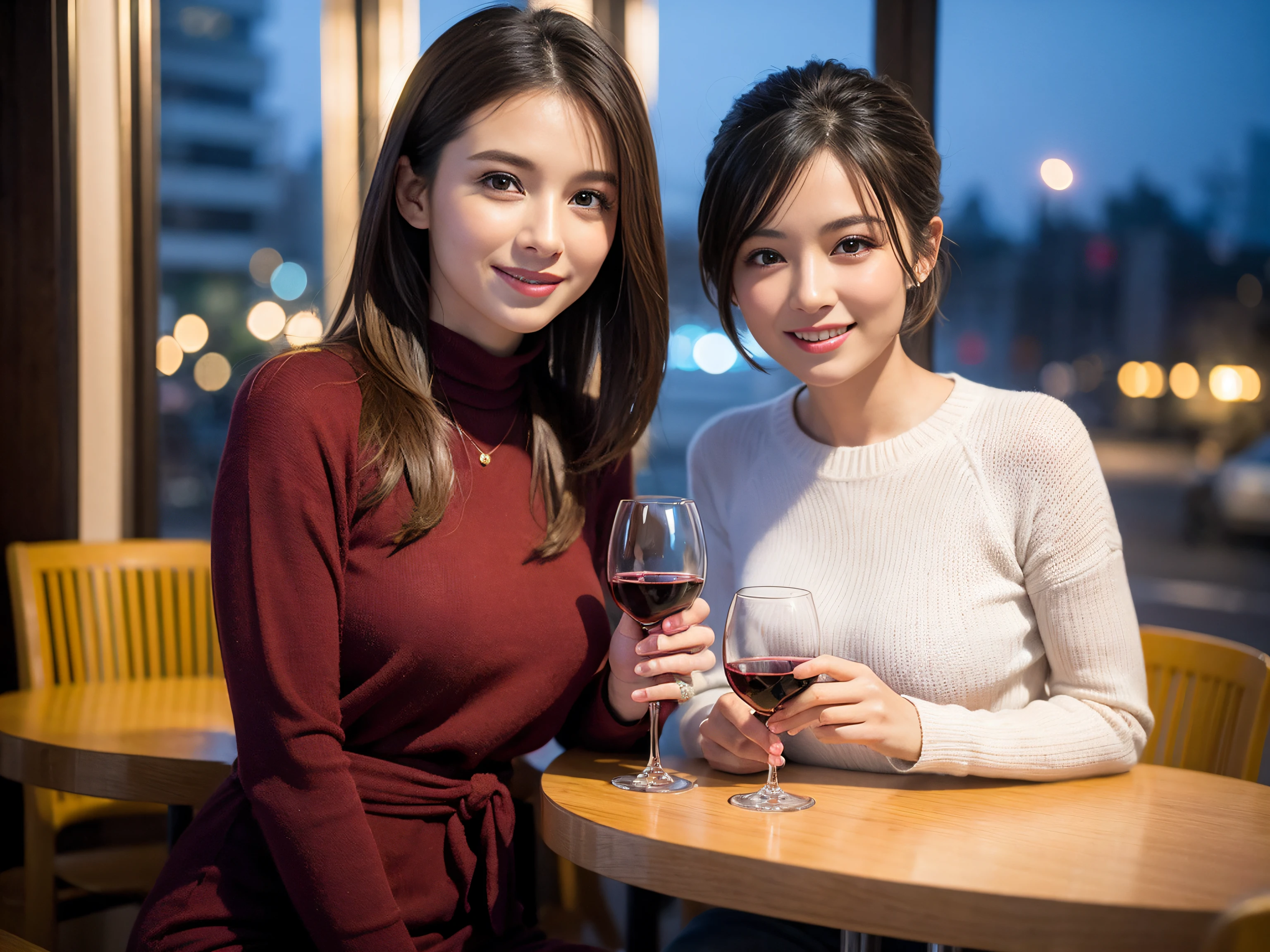 (64k uhd、nffsw、top-quality、masterpiece:1.2)、(realisitic、Photorealsitic:1.37)、ultra-detailliert、wine glasses、enjoying a glass of wine、a matural female、Two cute women、(Slim Faces)、(Slim body)、(brawn hair)、(short-cut)、smiling french woman、happy italian girl、British woman、Americana、blush a little on the cheeks、(46 years old)、48yo、red wine、Beautiful detailed urban night view outside the window、resturant、Wine glasses in a prominent place、natta、(from waist up)、sitting on、date、(A smile:1.15)、Beautiful fine eyes、bustup、Cashmere sweater、long-sleeved dresses、japanes、(short-hair:1.2)、Float NovaFrogStyle、女優、modeled、from waist up、white wine、Slimed、wine glasses、Super beautiful night view、Put the wine glass in the middle、Happy smile、(8K、Raw photography、top-quality、masterpiece:1.2)、(realisitic、Photorealsitic:1.37)、ultra-detailliert、超A high resolution、2 females、see the beholder、beautifull detailed face、A smile、Constriction、(Slim waist) :1.3)、knit shirt、Beautiful detailed skin、Skin Texture、floated hair、profetional lighting、middlebreasts、eyes gentle