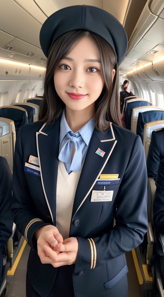 one Japanese woman, Solo, 30-years old, hyperdetailed face, Detailed lips, A detailed eye, Double eyelid both eyes, fluffy brown eyes, (Black bob hair, Like an airplane stewardess, Do a good job), (Like an airplane stewardess:1.2), (Do a good job:1.2), (Dark blue one-color stewardess uniform:1.4), (Wear a small cute little stiward hat:1.2), (Modest smile:1.2), Perfect image realism, Background with: (Business Class aisle on airplanes:1.2), Meticulous background, detailed costume, Perfect litthing, Hyper-Realism, (Photorealistic:1.4), 8K maximum resolution, (​masterpiece), Highly detailed, Professional