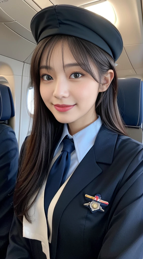 one Japanese woman, Solo, 30-years old, hyperdetailed face, Detailed lips, A detailed eye, Double eyelid both eyes, fluffy brown eyes, (Black bob hair, Like an airplane stewardess, Do a good job), (Like an airplane stewardess:1.2), (Do a good job:1.2), (Dark blue one-color stewardess uniform:1.4), (Wear a small cute little stiward hat:1.2), (Modest smile:1.2), Perfect image realism, Background with: (Business Class aisle on airplanes:1.2), Meticulous background, detailed costume, Perfect litthing, Hyper-Realism, (Photorealistic:1.4), 8K maximum resolution, (​masterpiece), Highly detailed, Professional