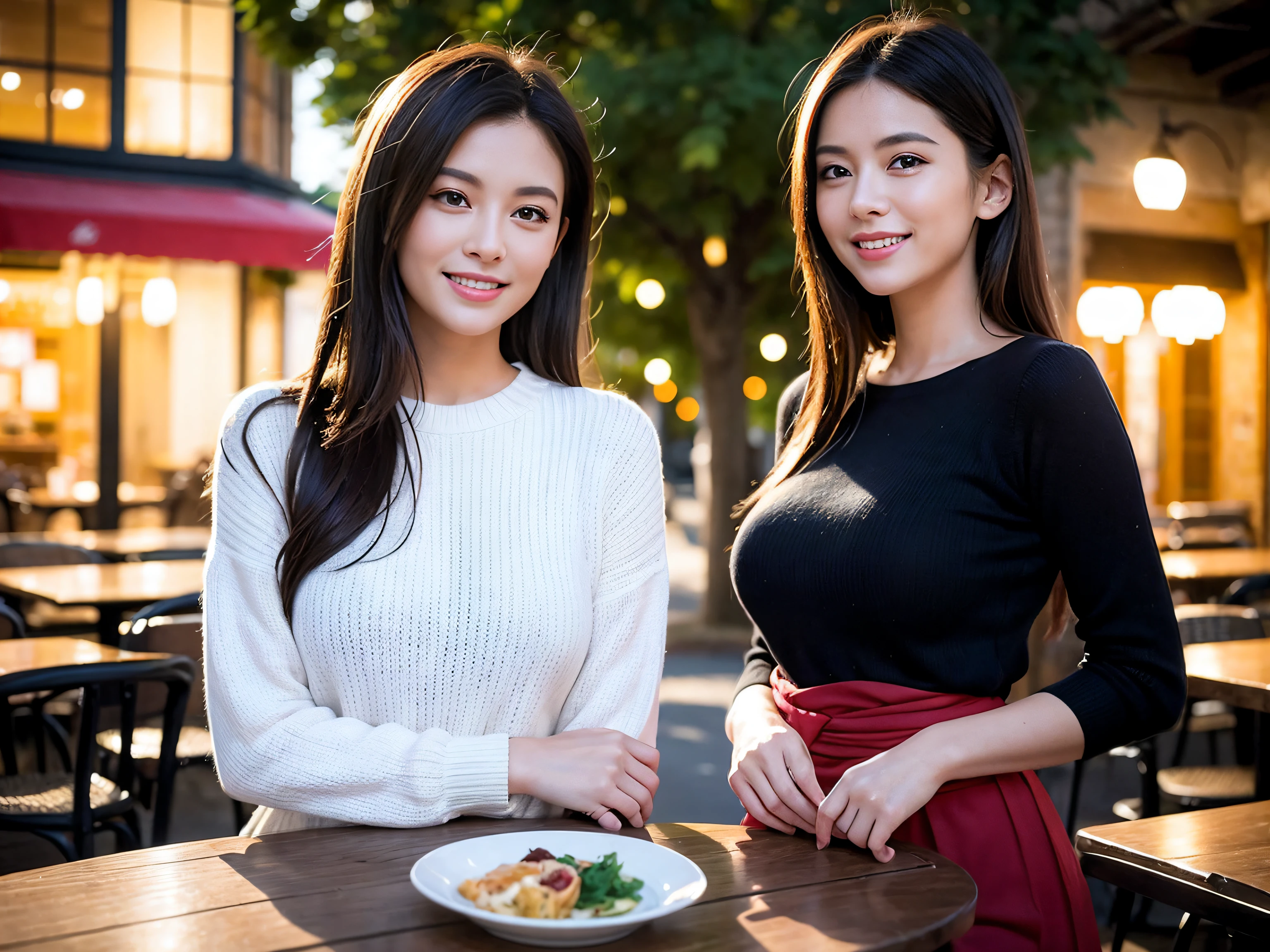 (64k uhd、nffsw、top-quality、​masterpiece:1.2)、(realisitic、Photorealsitic:1.37)、ultra-detailliert、wine glasses、enjoying a glass of wine、a matural female、Two cute women、(Slim Faces)、(Slim body)、（brawn hair）、(short-cut)、smiling french woman、happy italian girl、British woman、Americana、blush a little on the cheeks、(46 years old)、48yo、red wine、Beautiful detailed urban night view outside the window、resturant、Wine glasses in a prominent place、natta、(from waist up)、sitting on、date、(A smile:1.15)、Beautiful fine eyes、bustup、Cashmere sweater、long-sleeved dresses、japanes、(short-hair:1.2)、Float NovaFrogStyle、女優、modeled、from waist up、white wine、Slimed、wine glasses、Super beautiful night view、Put the wine glass in the middle、Happy smile、(8K、Raw photography、top-quality、​masterpiece:1.2)、(realisitic、Photorealsitic:1.37)、ultra-detailliert、超A high resolution、2 females、see the beholder、beautifull detailed face、A smile、Constriction、(Slim waist) :1.3)、knit shirt、Beautiful detailed skin、Skin Texture、floated hair、profetional lighting、middlebreasts、eyes gentle