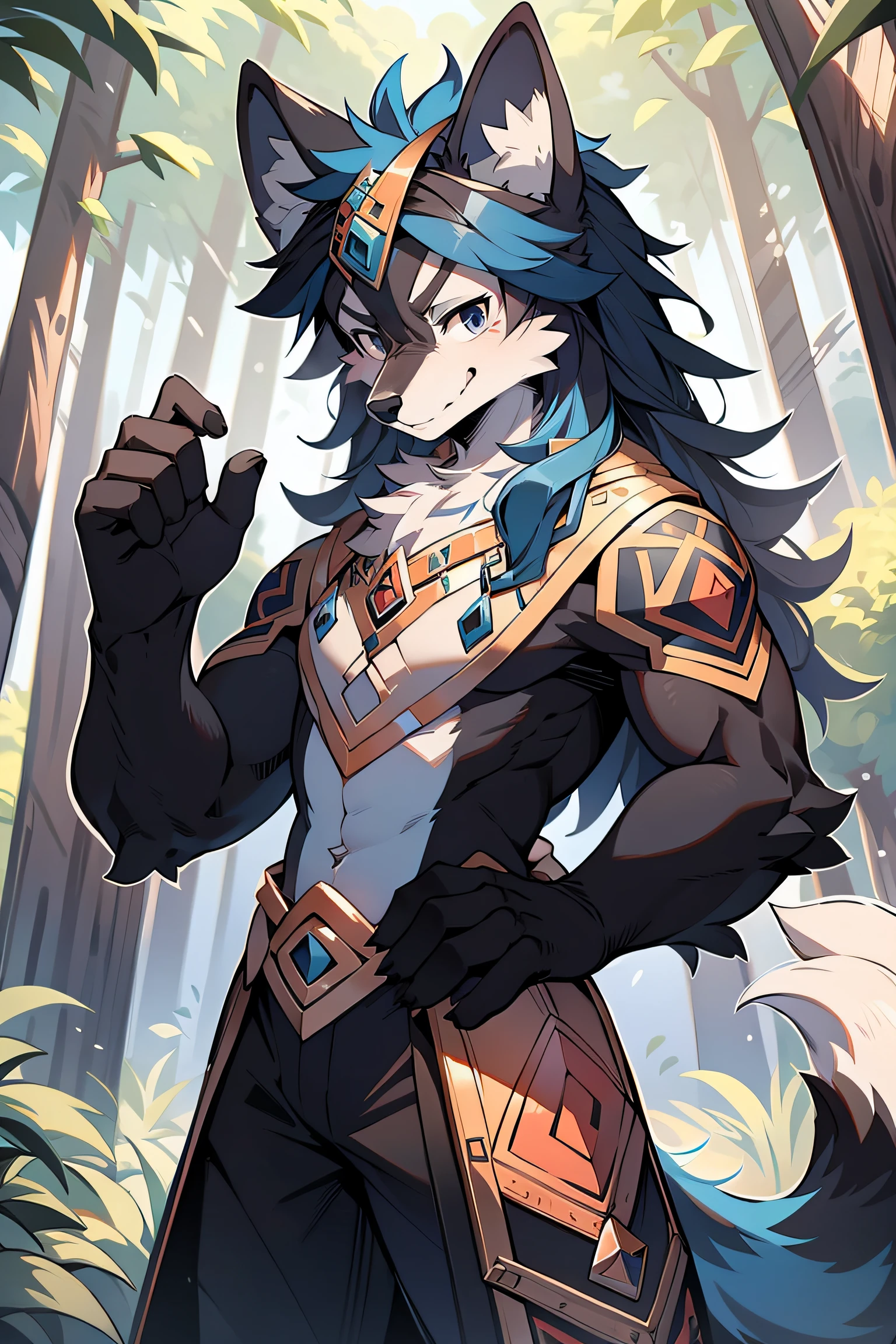 The male wolf is 180 cm tall，bluish violet eyes, , cabelos preto e longos, end,  The upper body shows off the perfect body，red and black costume，with smile，Two small ears，Stand with fair skin ，at a forest