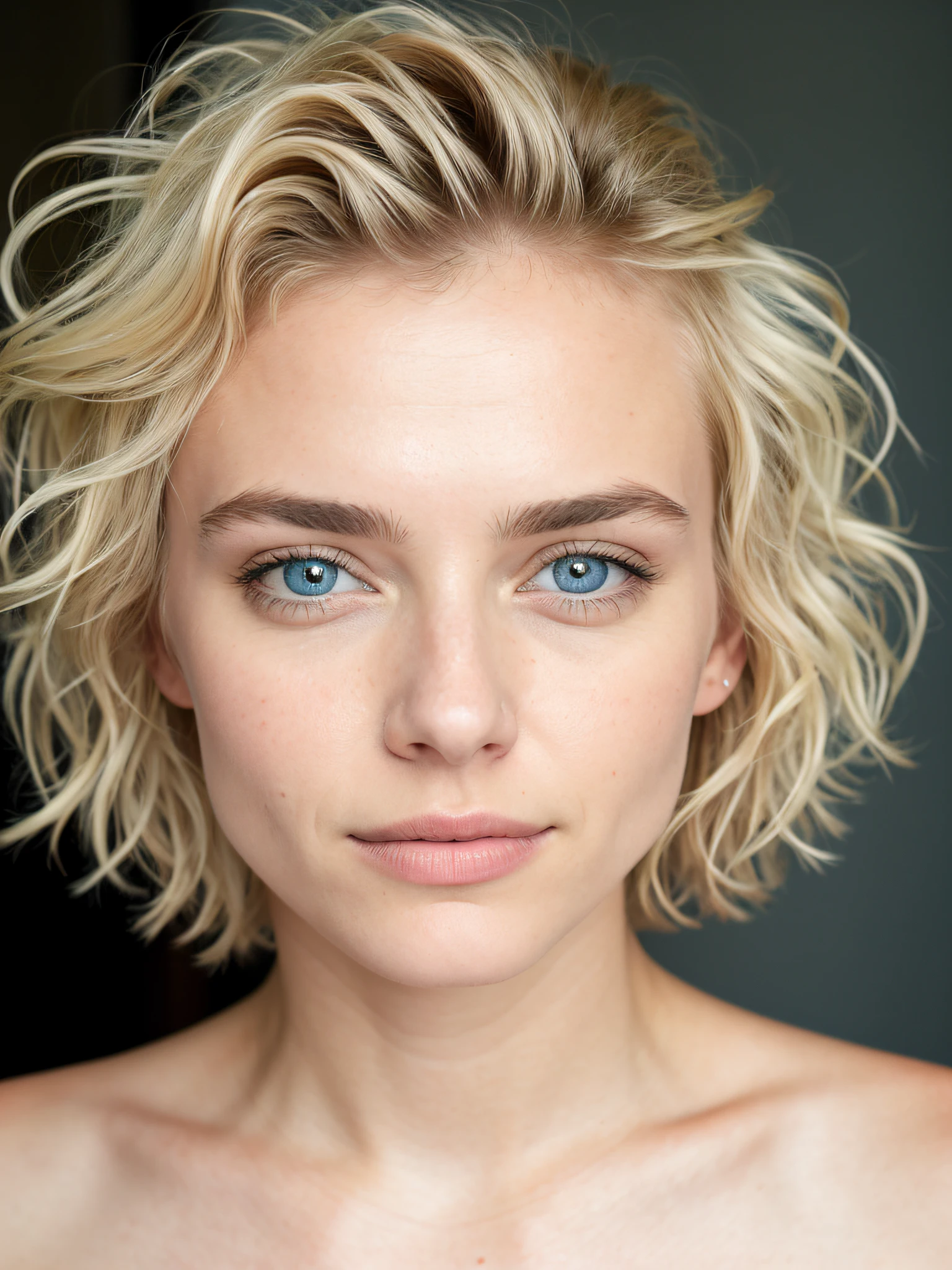 Photo moyenne en gros plan, Jolie et magnifique fille blonde (short and messy hair) ukrainienne 25 ans, Detailed (yeux bleus, brillant, Detailed, nez mince, (looking at the camera), specular lighting, DSLR, ultra quality, mise au point nette, tranchant, dof, grain du film, centered, Fujifilm XT3, Cristallin