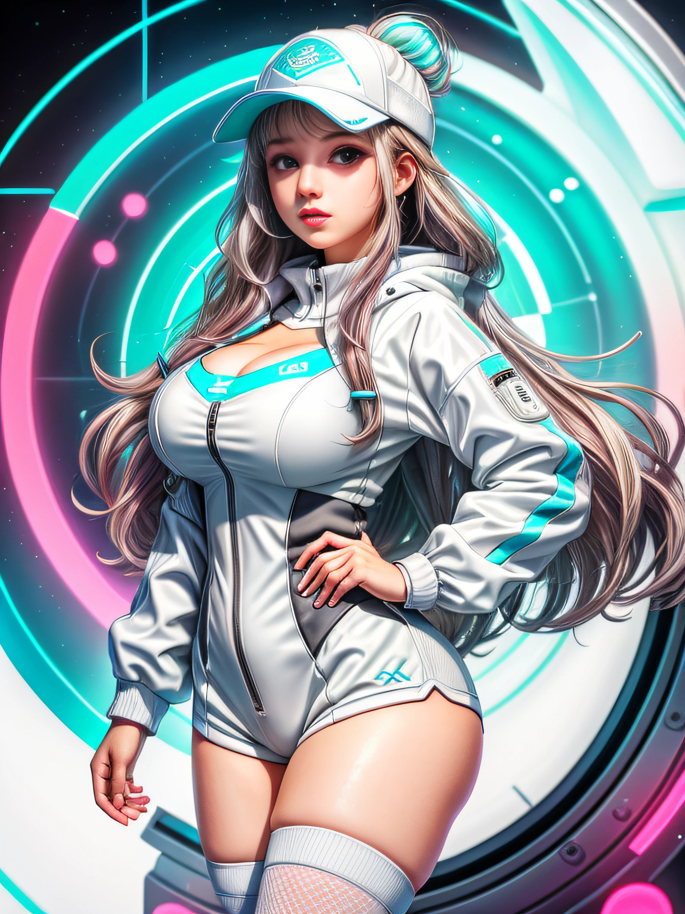 teens girl、white,totally white,Pastel colors,Girl in techwear clothes,A sexy,circular shapes on background、Cyber City、thighs thighs thighs thighs、cleavage of the breast