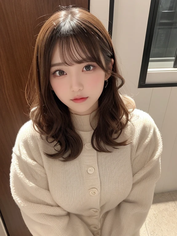 masutepiece, Best Quality, Illustration, Ultra-detailed, finely detail, hight resolution, 8K Wallpaper, Perfect dynamic composition, Beautiful detailed eyes, Winter clothes,Medium Hair,small tits,Natural Color Lip, Home front door(Curly)、20 years girl、Cute、Show your sexy look to the camera,Face that feels ecstasy,blur backgroun,KPOP Idol Face,Cute,Shoot from slightly above,Kamimei,Anatomically correct body