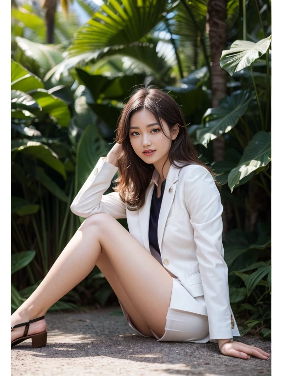 (8K High Resolution), (top-quality), (Raw quality),(masutepiece:1.2), (realisitic), (Photorealistic:1.37), ,Large eyes,long eyeslashes,(Live-action realistic style),The Ultimate Face,realistic light and shadow,Clear facial features,,Fair skin, ),Best portraits,Shooting at close range, 1 rapariga, Cute,Beautiful detailed eyes,highlydetailed skin,(Beautiful face with double eyelids), (Realism: 1.4),((Full body image)) ,Detailed and beautiful face,,Women around 20 years old,(Beautiful Face 1.4),Middle hair,((Japan woman in business suit)),(Make eye contact with your audience),red lipsticks,Limping around the eyes,(Laugh a little),In the tropical jungle,The skirt is rolled up.、Panties look perfect..,Pastel colors panties,I love showing my panties to my viewers,Show your panties to your audience,Beautiful face reflected in the light,red lipsticks,Limping around the eyes,Very beautiful feet are attractive,
