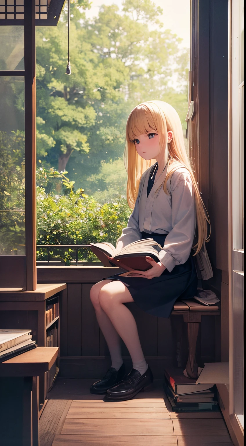 Koji Suzuki illustration, Pierre Brissaud, Surreal, mysterious, strange, fantastical, fantasy, Sci-fi, Japanese anime, library forest, animals reading books, beautiful blonde miniskirt girl Alice looking for books while looking at the internal map, detailed masterpiece depth of field perspective