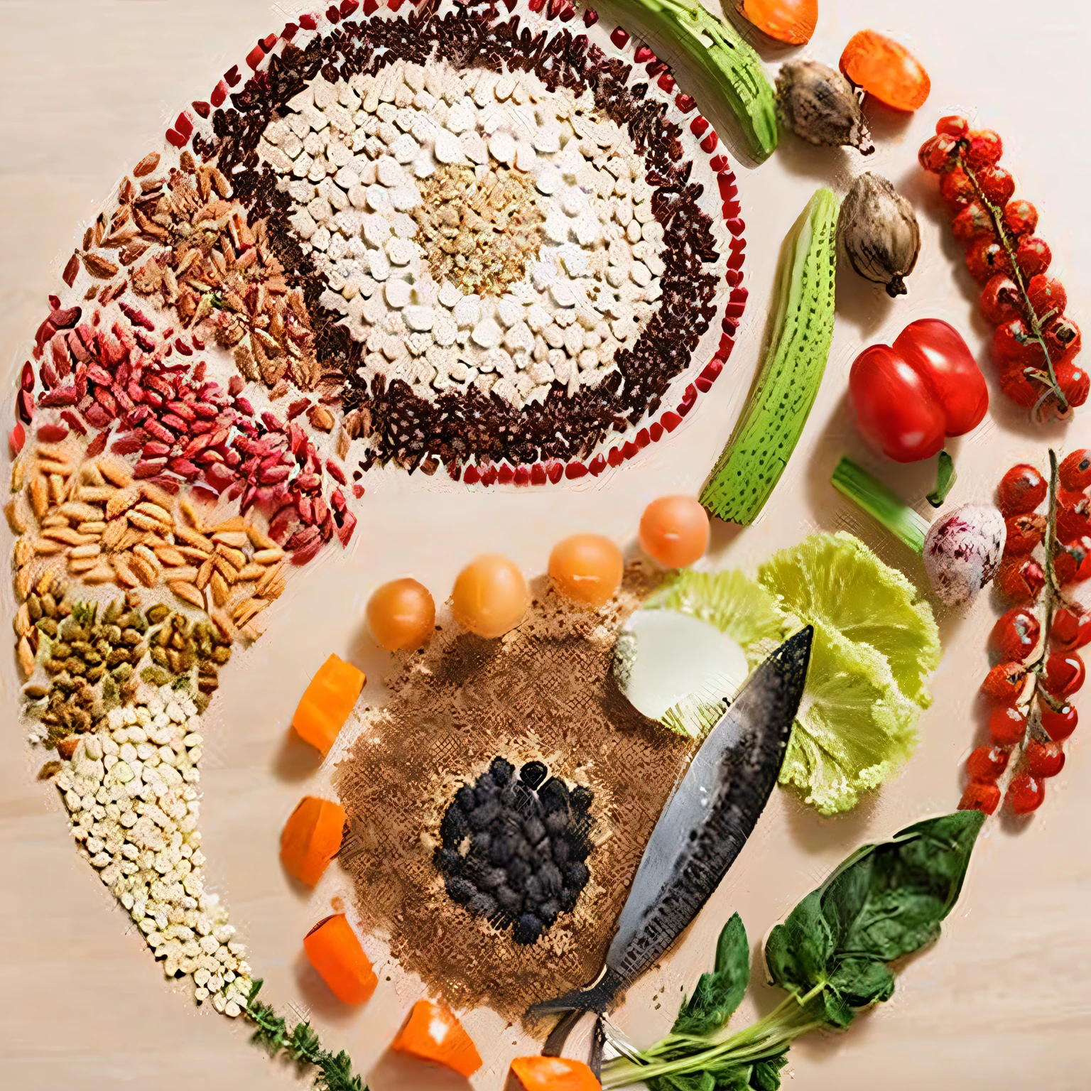 Close-up of a plate of food containing vegetables and grains, food particles, made of food, mineral grains, an island made of food, food stylist, Food styling, food art, fruity seeds, author：Reuben Najian, seeds, author：Shiro Maki, a digital rendering, by carolyn martingale, visual shock, Food focus, Gold rationing ingredients