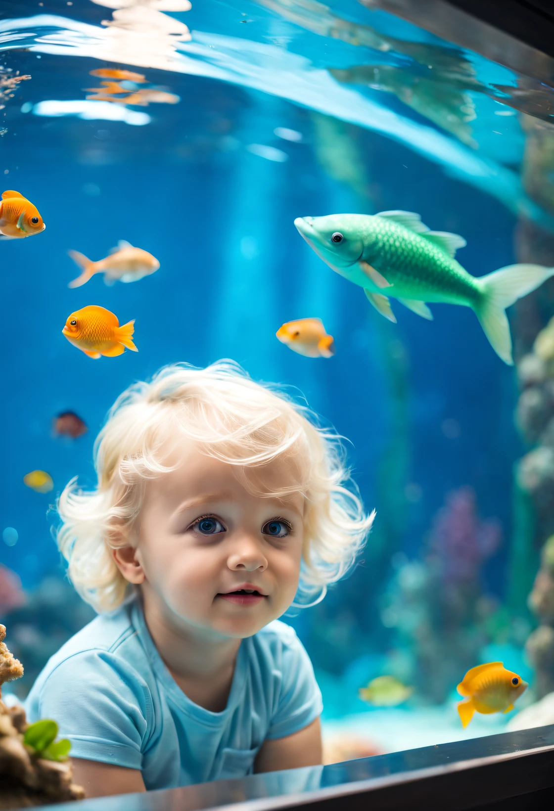 A ********** looks through the glass at a cute mermaid with blond hair and blue eyes in the aquarium, Ocean park