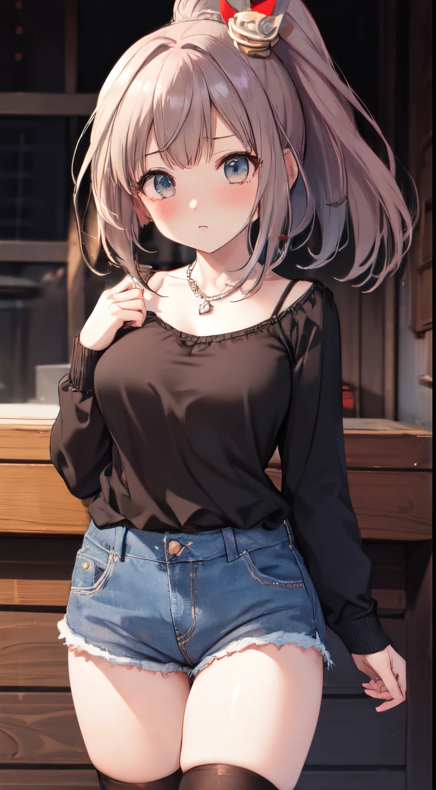 nsfw、clear eyes、8k、Top image quality、Masterpiece、perfect anatomia、12year old、camisole,（denim hot pants:1.3）、Focus on the thighs、、、gals、12year old、(Black Thigh Socks:1.3)、(high ponytail:1.3)、,((necklace, colorful bracelet, X hair ornament):1.2),、、(red blush:1.3)、 reaching out,