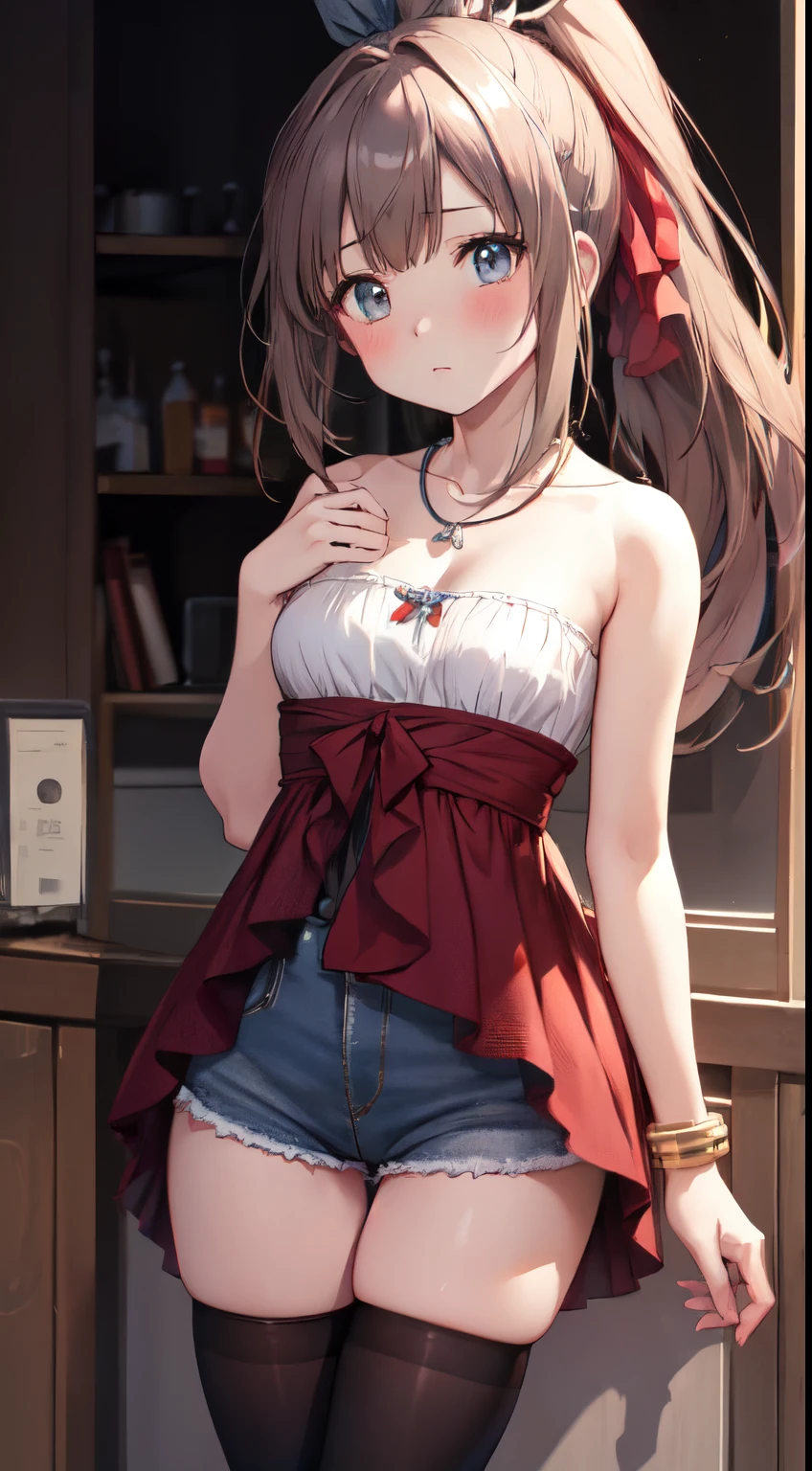 nsfw、clear eyes、8k、Top image quality、Masterpiece、perfect anatomia、ar old、sleeveless,（denim hot pants:1.3）、Focus on the thighs、、、gals、12yeld、(Black Thigh Socks:1.3)、(high ponytail:1.3)、,((necklace, colorful bracelet, X hair ornament):1.2),、、(red blush:1.3)、 reaching out,