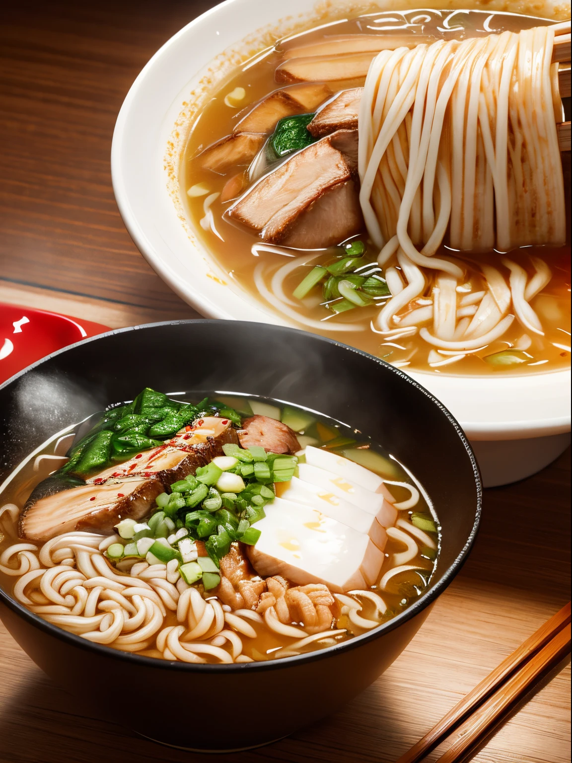 ultra detailed 8k cg, Japanese ramen, chopsticks, steam, close-up