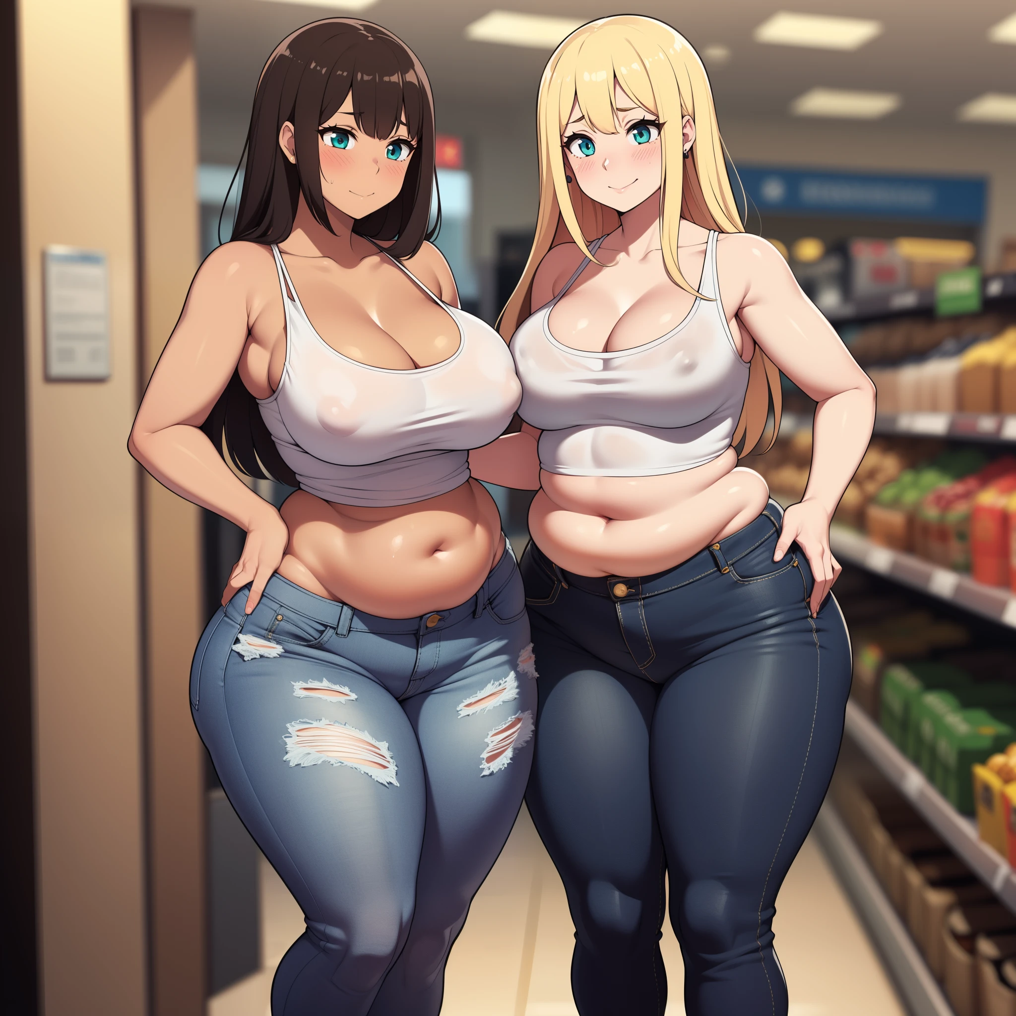 ((high res)), (Masterpiece), perfect anatomy, perfect shading, field of depth, (best quality), extremely delicate and beautiful, perfect lighting, detailed face, ultra cute face, cute, (cowboy shot 1.2), full body, (((2girls))), ((2 girls 1 and 2))

Girl 1: has long hair, fluffy hair, blonde hair, blue eyes, (blush), embarrassed, (crop top 1.2), (jean shorts 1.2), extremely tight clothes, medium breasts, cleavage, perky breasts, ((wide hips)), (thick thighs), (chubby), pudgy belly, fat rolls, belly hang,

Girl 2: has short hair, fluffy hair, brown hair, green eyes, pale skin, (blush), aroused, seductive smile, (white tank top 1.2), (jeans 1.2), extremely tight clothes, medium breasts, cleavage, perky breasts, (((wide hips))), ((thick thighs)), (plump), chubby belly, fat rolls, belly hang, she has a jiggly belly,

grocery store, intricate background, detailed background, girls are standing next to each other,