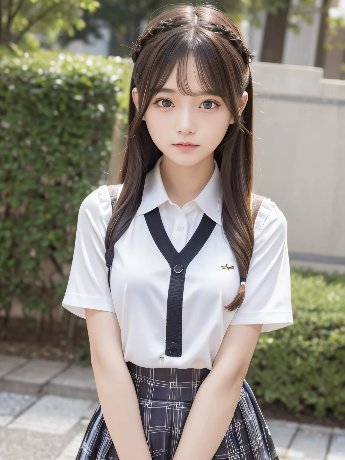 tmasterpiece,top-quality,offcial art,Highly detailed CG Unity 8K wallpapers,Like a schoolgirl,16yo girl,Very delicate beautiful,超A high resolution,(realisticlying:1.4),Golden Hour Lighting,(The upper part of the body),(Platinum Shorthair:0.8),(Puffy eyes),looking at viewert,Facing Front,ssmile,JK Skirt,校服,(chiayi:1.5), tmasterpiece, best qualtiy, RAW photogr, realisticlying, faces, incredibly absurd res, Buatigarh, depth of fields, hight resolution, ultra - detailed, finedetail, Very detailed, extremely detailed eye and face, Sharp pupils, pupil realistic, tack sharp focus, cinmatic lighting