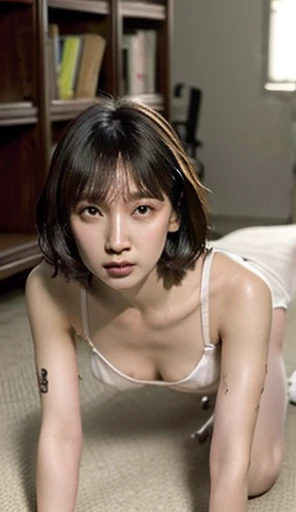 Beautiful woman looking at camera, detailed photo, petite person, (slim, small, flat), sexy pose, wet body, drenched, 10 year old girl, sexual expression, wet body, short hair, kneeling, from above, slender, delicate and sexy collarbone, on all fours, upper angle: 1.5, palms on the floor, Long white silk camisole, white silk panties, very sexy camisole, one shoulder strap detached and the chest is exposed,