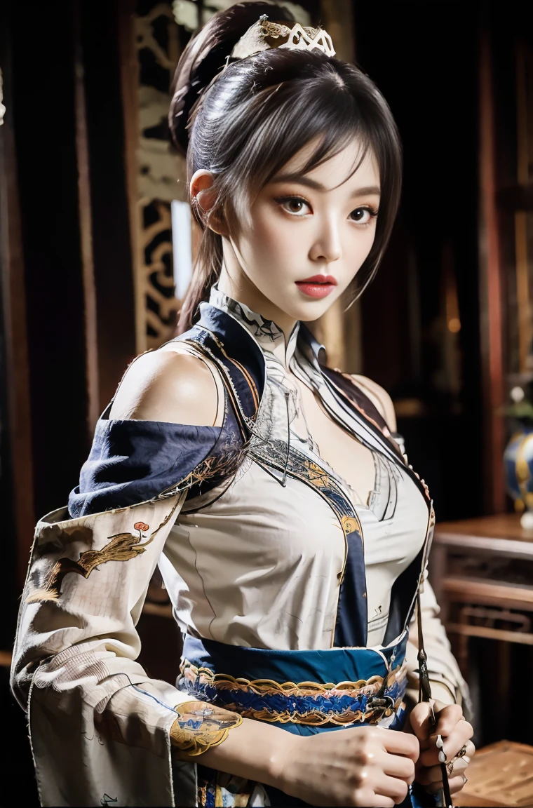 Gentle and beautiful woman, full body photo, delicate and sexy collarbone, attractive oval face, double eyelids, smart peach blossom eyes, pink lips, small nose, bare shoulders, focused face, face up, ultra high definition, super detail, elegant standing posture, ancient Chinese lace clothes , ancient Chinese scenery, holding ancient Chinese long sword, (full bodyesbian:1.4)，