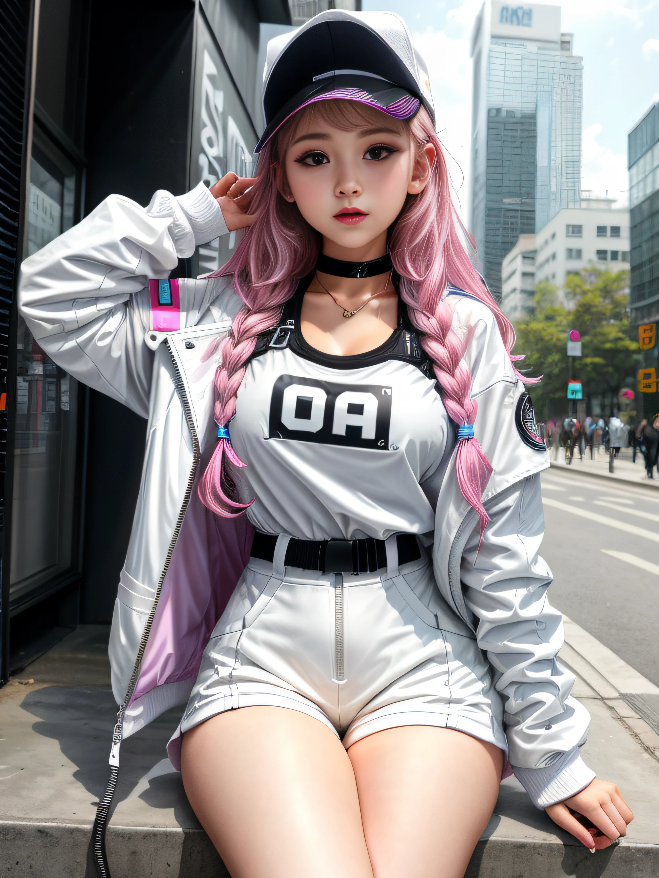 teens girl、white,totally white,Pastel colors,Girl in techwear clothes,A sexy、Cyber City、thighs thighs thighs thighs、cleavage of the breast