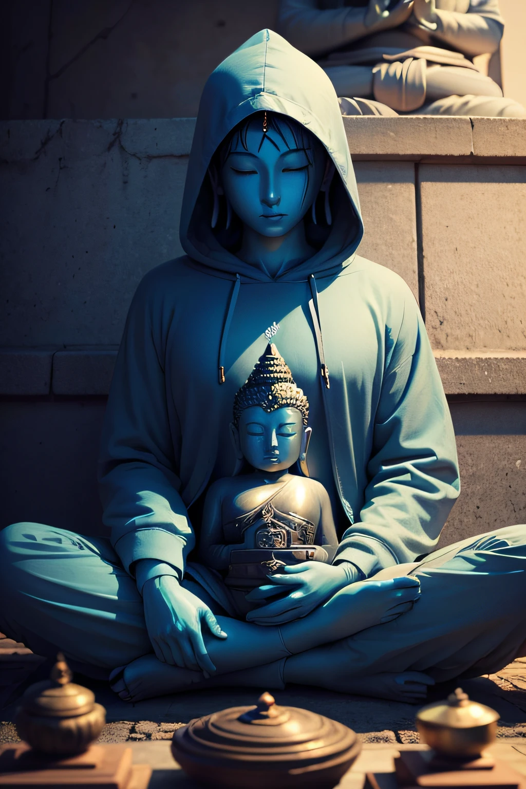 There is a blue Buddha statue facing the front and wearing a hoodie hood,Buddha, the buddha, buddhism, beautiful image,Buddha,Buddha
