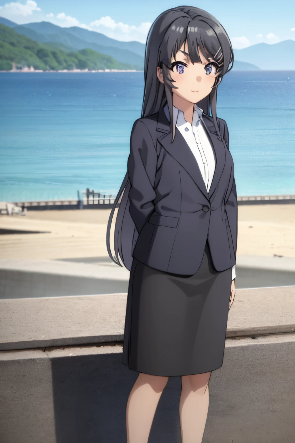 1girl, mai sakurajima, beach background, suit, office lady, black skirt, black blazer, pencil skirt, white shirt, long hair, teenager, looking at viewer, full body, smiling,