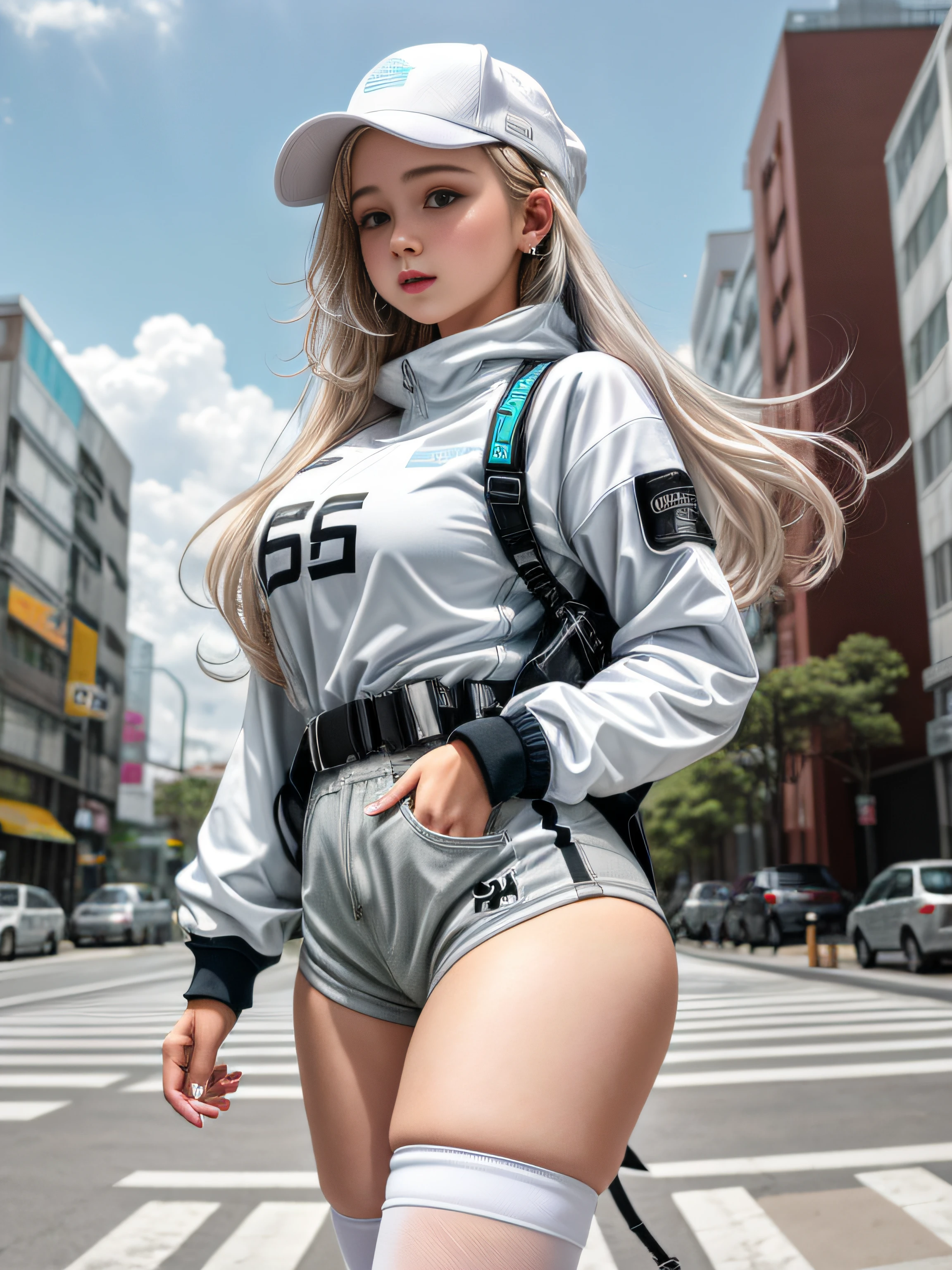 teens girl、white,totally white,Pastel colors,Girl in techwear clothes,A sexy、Cyber City、thighs thighs thighs thighs、cleavage of the breast