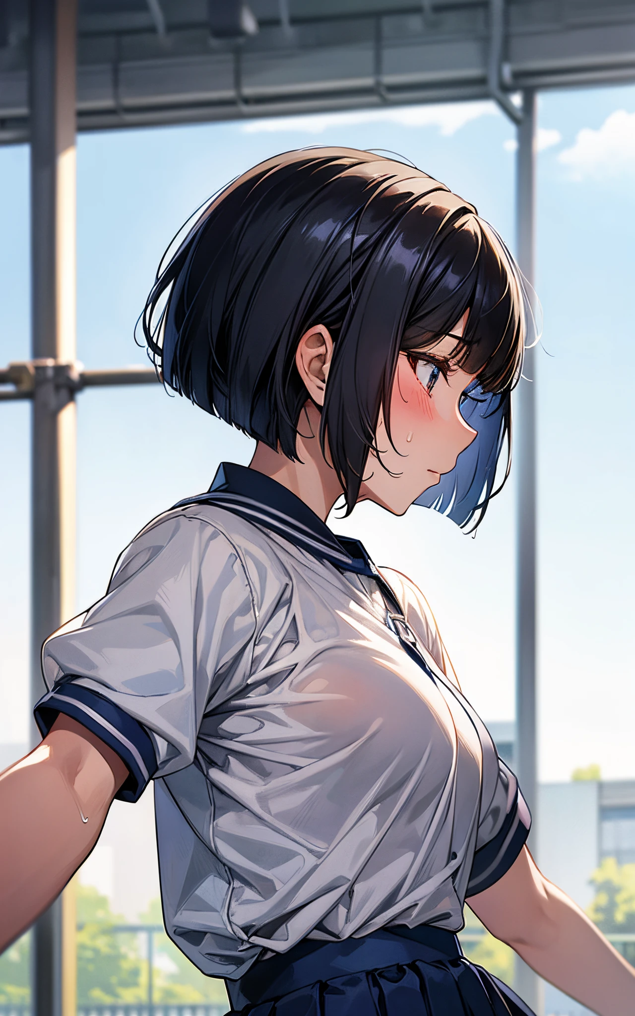 Bob cut hairstyle、She was wearing her high school gym uniform.、Running hard in the schoolyard、Sweating、I got close to the profile