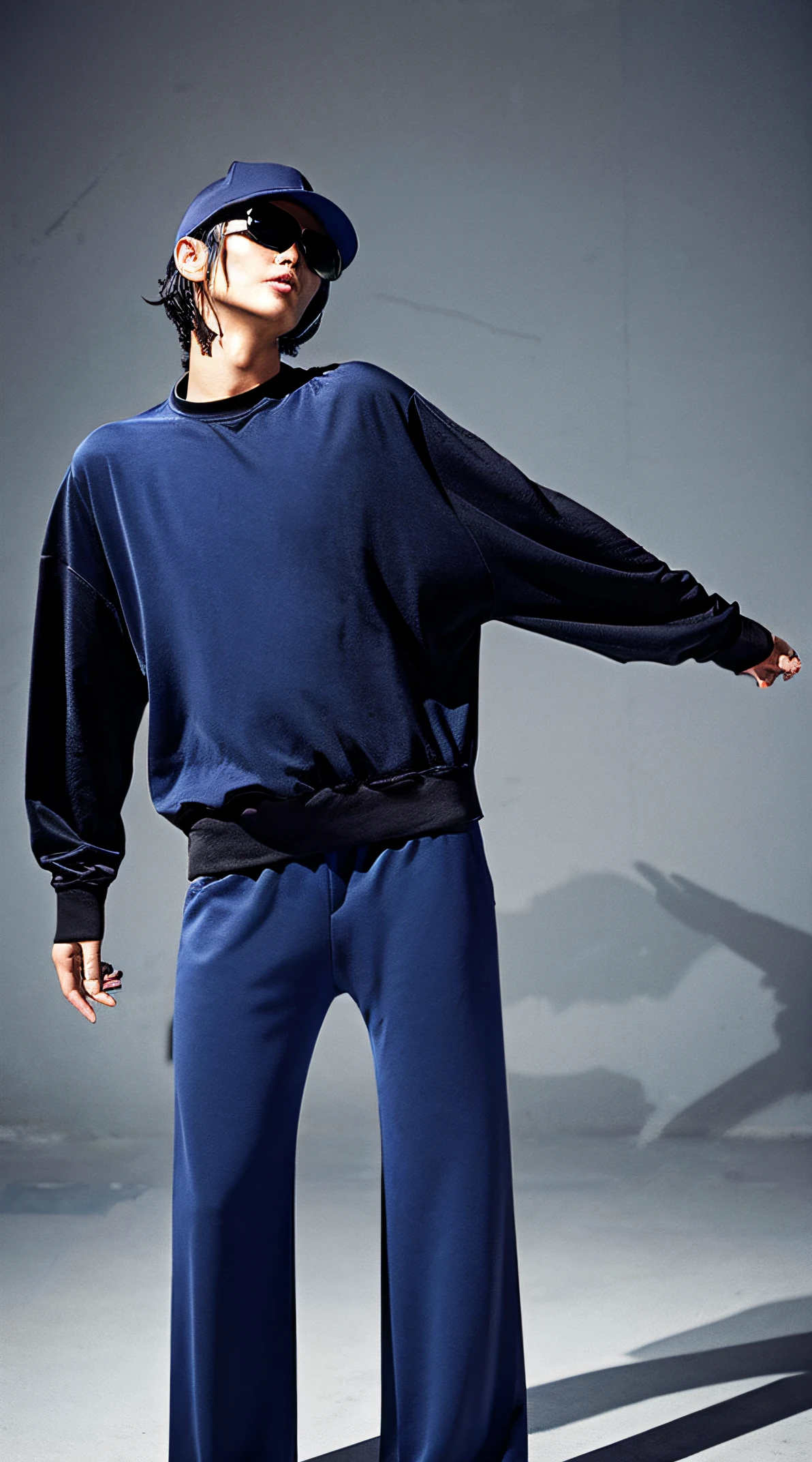 Western man wearing a dark blue sweatshirt、y2k fashion、Mode system、Model photo、Concrete background、emotional、black sport sunglasses、Daytime