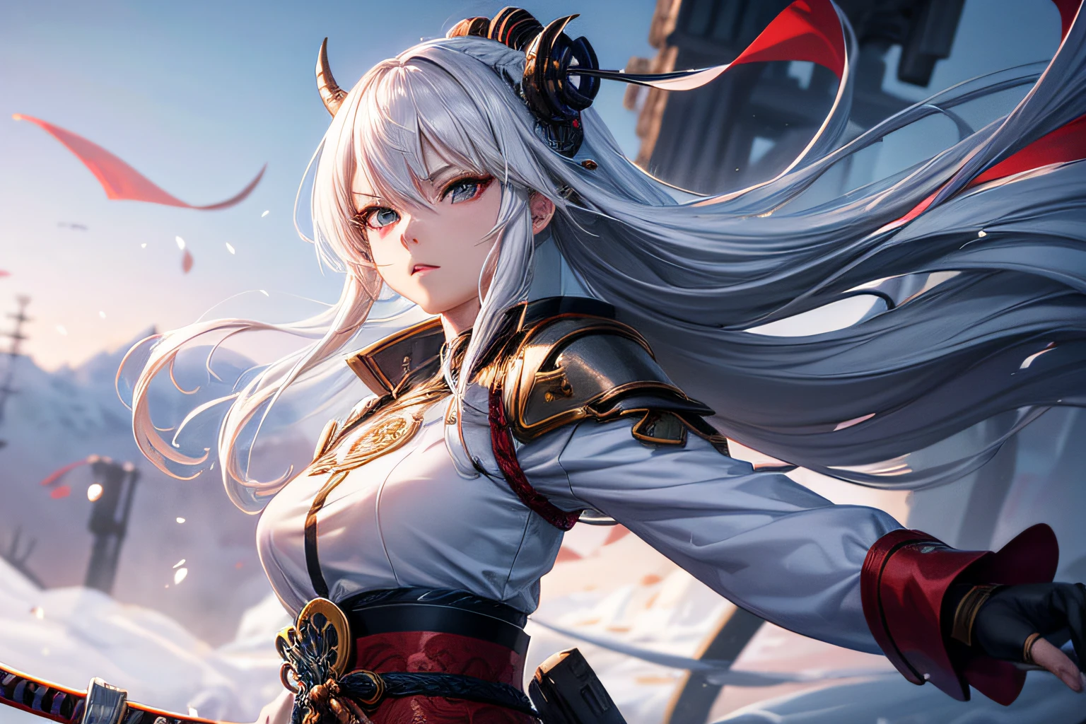 anime - style image of a woman with white hair, wearing white haori with an undraw katana, a character portrait by Yang J, cgsociety contest winner, fantasy art, badass anime 8 k, anime style 4 k, 2. 5 d cgi anime fantasy artwork, artwork in the style of guweiz, guweiz on artstation pixiv, anime wallpaper 4k, anime wallpaper 4 k, background is a winter warfare with full-armoured demon warriors, prepared for big war