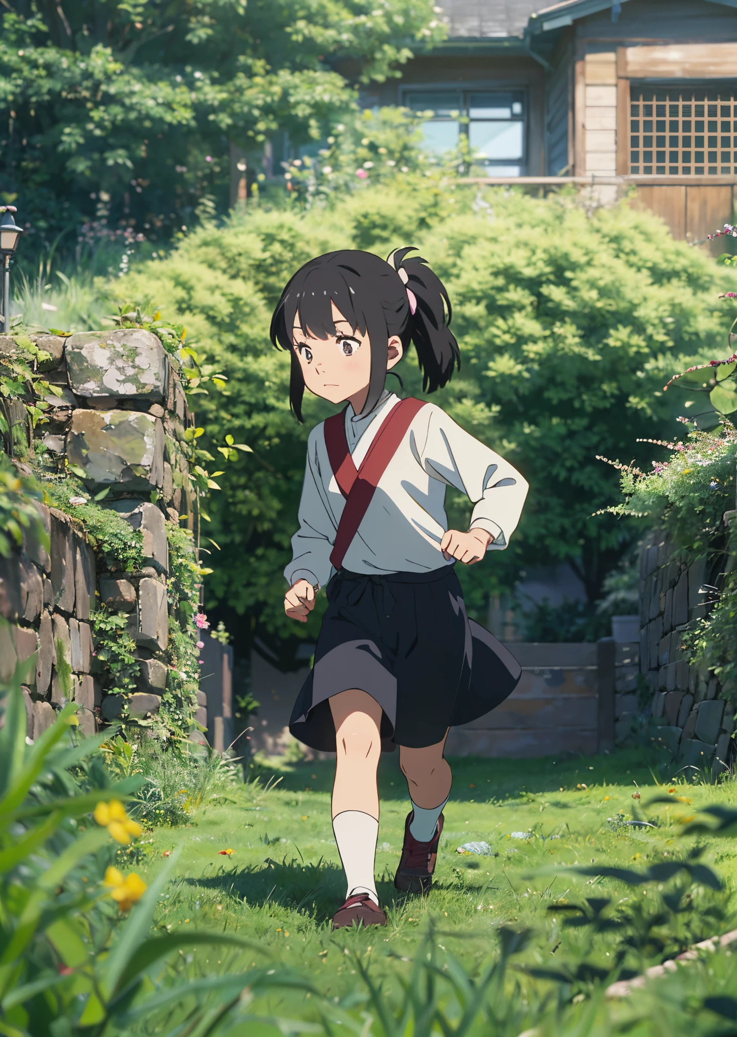 In the style of Hayao Miyazaki's studio, the girl runs on the grass with a lively appearance and softened edges-ar16:9 --auto --s2