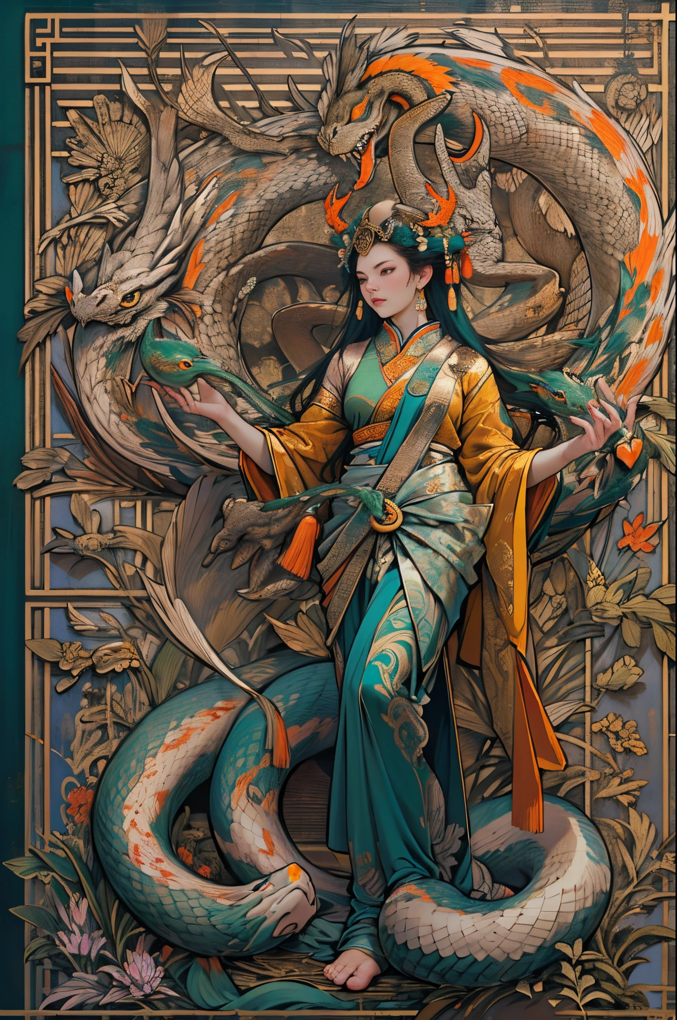 Depict an ancient goddess of creation，Nu wa，She is the goddess of creation in Chinese mythology。（goddess with human body and snake tail：1.5，snake tail：1.5），This is a great image of the goddess that has been handed down from the matriarchal clan period of primitive society。Deep background，absurderes，Fantastic and incredible，Epic composition，(Complicated details，Hyper-detailing:1.2)，Ultra photo realsisim, epic realistic, ((com cores neutras)),(pastel colour:1.2), Hyper-realistic, + cinema shot + Dynamic composition, Incredibly detailed, Sharpen, Cinematic, warm lights, Light effect, Dramaticlight, (Intricate details:1.1), the complex background, (greg rutkovsky:0.8), (Teal and orange:0.3）Epic, Detailed face, Detailed eyes，fully body photo，Fly in the sky，graceful stance，correct hand，(Intricate and intricate parts:1.1),Barefoot，The image of the Great Goddess，