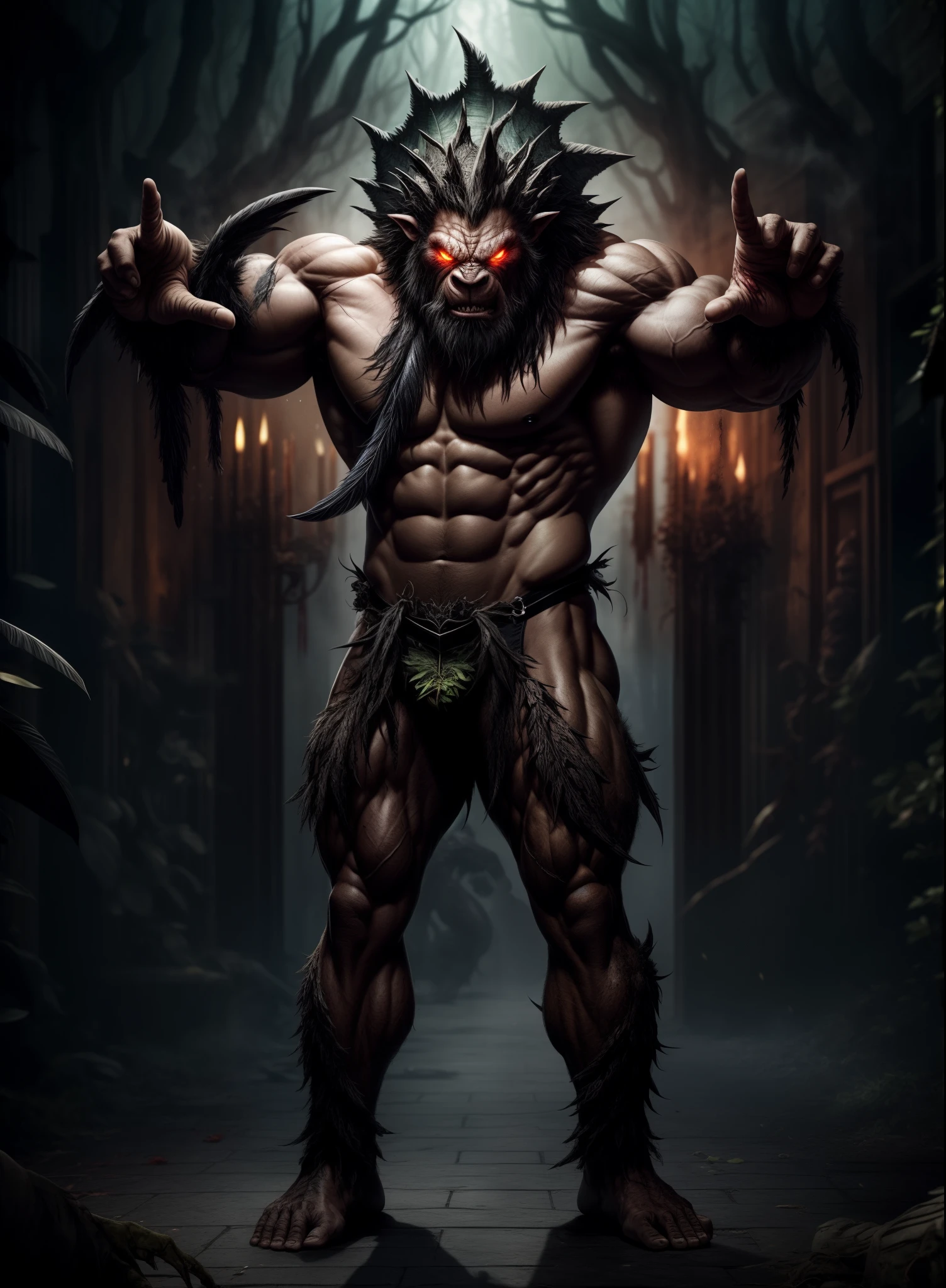 The Monster、plant monster、Bulk、blacks、Bloody、musculature、Birds of prey、beast、Bleeding、Bloody、Bloody、Top image quality、masterpiece、8K、kook、Strongest、Atrocious、The Monster、Murderous ghosts、Force、wrestler、Musculoskeletal augmentation々、musculature、fear face、ogre、black man
