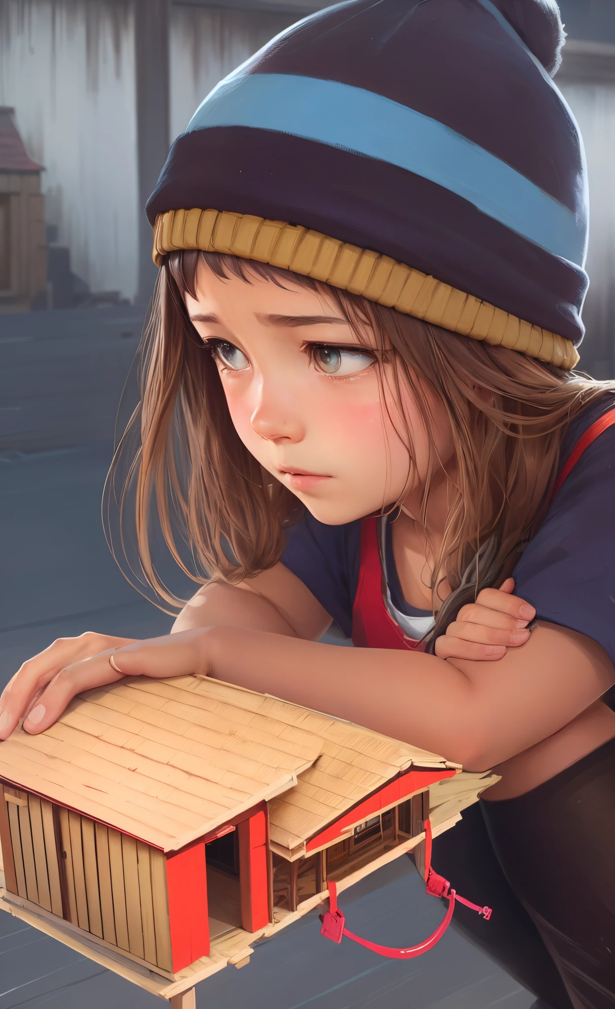 Cartoon girl holding a small model of a house with a roof, Adorable Digital Painting, realistic cute girl painting, emotional concept art, artwork in the style of guweiz, children's art in artstation, realistic anime 3 d style, stunning digital illustration, Anime Realism Style, realistic anime art style, digital art ilya kuvshinov, beautiful digital illustrations, sad Facial expression