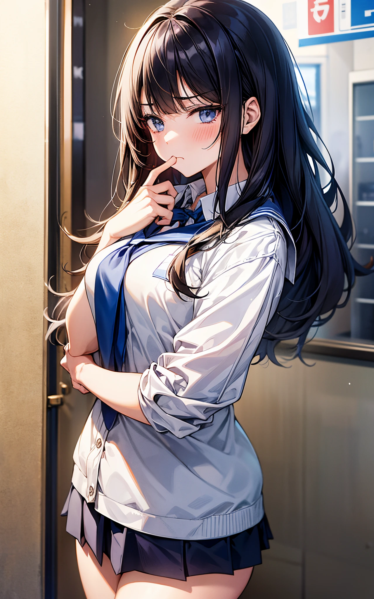 She was wearing a cool high school uniform.、With flushed cheeks、glaring、I approached those eyes