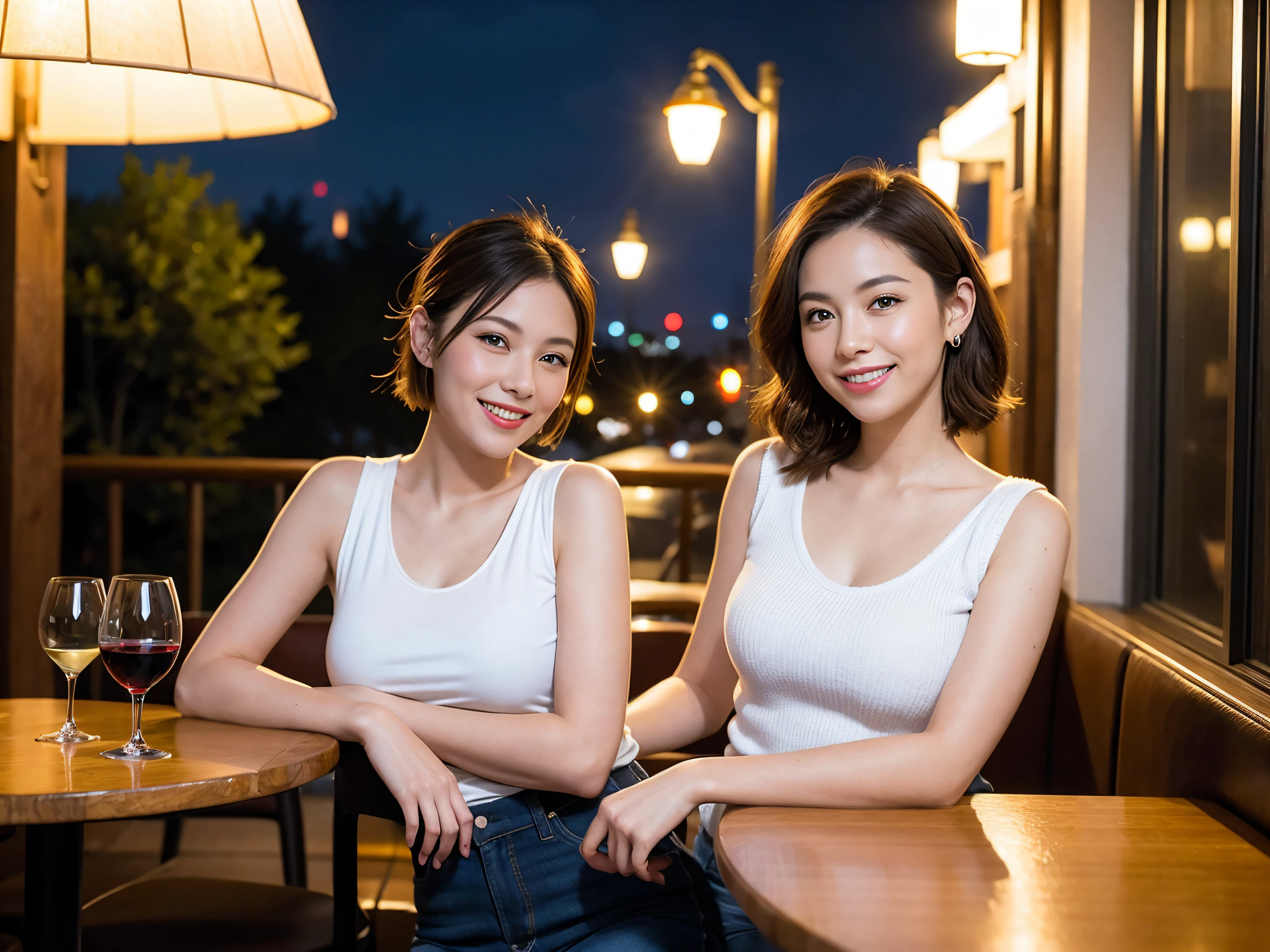 (64K, UHD, top quality, masterpiece: 1.2), (realistic, photorealistic: 1.37), super detailed, pretty woman 1 person, (slim face), (slim body), (brown hair), (short cut), cheeks slightly blushing, (42 years old), 38 years old, solo, beautiful detailed urban night view outside the window, restaurant, wine glasses sit, night, in a prominent place (from the waist up) NovaFrogStyle, Actress, Model, Waist Up, White Wine, Slim, Wine Glass, Super Clean Night View, Wine Glass Put in the Middle, Happy Smile, (Smile: 1.15), Beautiful Fine Eyes, Upper Body, Bust Japan Up, Night, Short, Short, Actress, Model, Waist Up, White Wine, Slim, Wine Glass, Super Clean Night View, Wine Glass Put in the Middle, Happy Smile,
