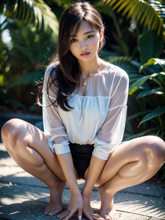 (8K High Resolution), (top-quality), (Raw quality),(masutepiece:1.2), (realisitic), (Photorealistic:1.37), ,Large eyes,long eyeslashes,(Live-action realistic style),The Ultimate Face,realistic light and shadow,Clear facial features,,Fair skin, ),Best portraits,Shooting at close range, 1 rapariga, Cute,Beautiful detailed eyes,highlydetailed skin,(Beautiful face with double eyelids), (Realism: 1.4),((Full body image)) ,Detailed and beautiful face,,Women around 20 years old,(Beautiful Face 1.4),Middle hair,((Japan woman in business suit)),(Make eye contact with your audience),red lipsticks,Limping around the eyes,(Laugh a little),In the tropical jungle,The skirt is rolled up.、Panties look perfect..,Pastel colors panties,I love showing my panties to my viewers,Show your panties to your audience,Beautiful face reflected in the light,red lipsticks,Limping around the eyes,Very beautiful feet are attractive,